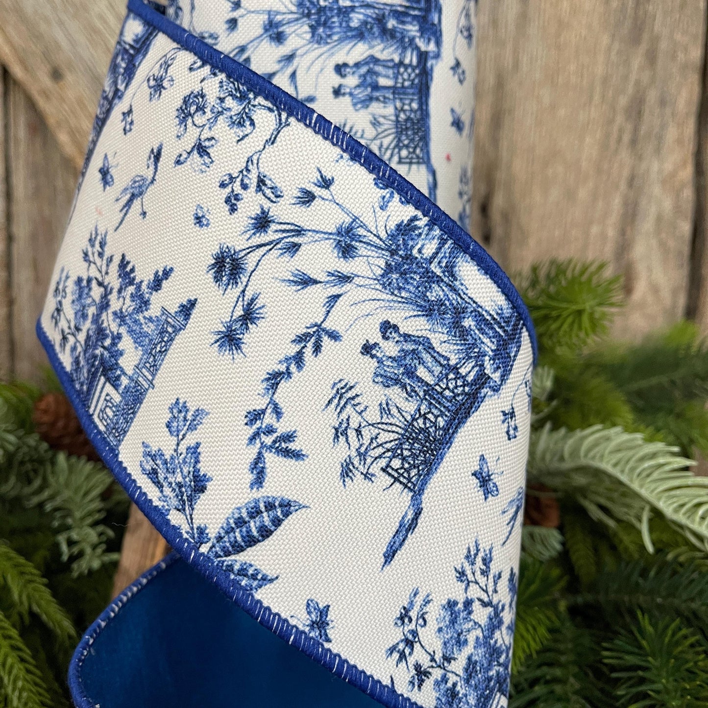 4" Blue Chinoiserie Ribbon, Blue and White Chinoiserie Ribbon, Wired RIbbon