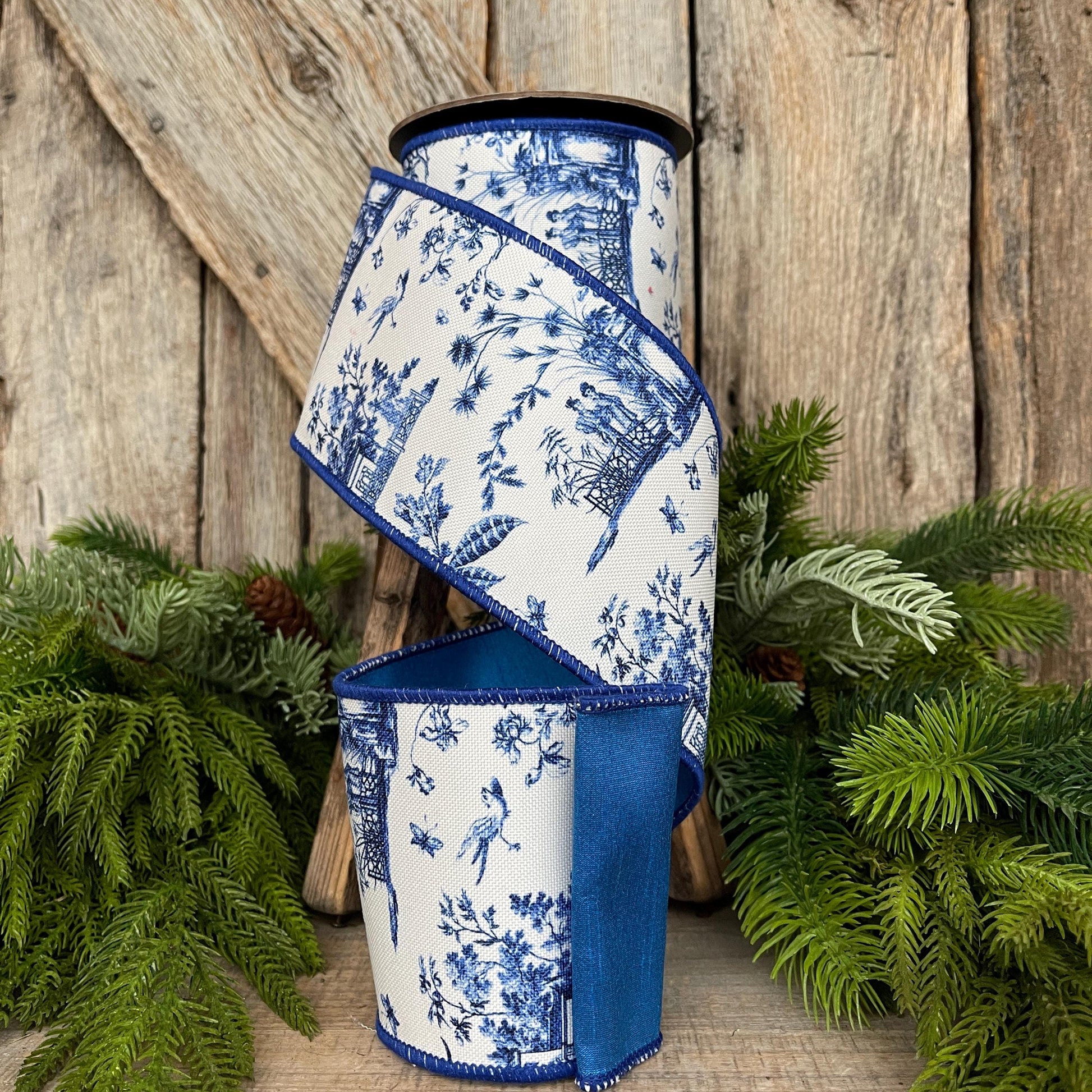 4" Blue Chinoiserie Ribbon, Blue and White Chinoiserie Ribbon, Wired RIbbon
