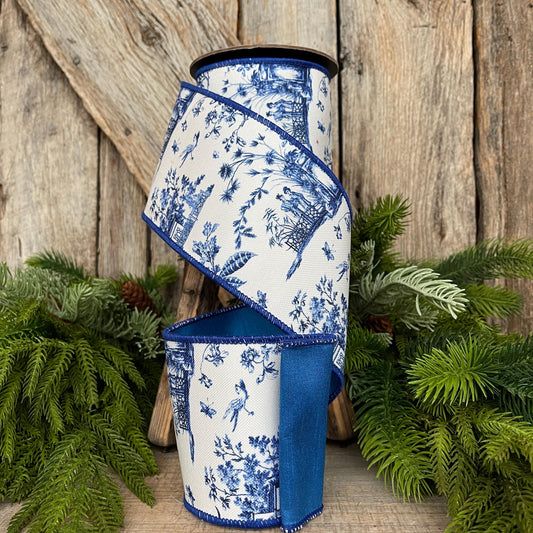 4" Blue Chinoiserie Ribbon, Blue and White Chinoiserie Ribbon, Wired RIbbon