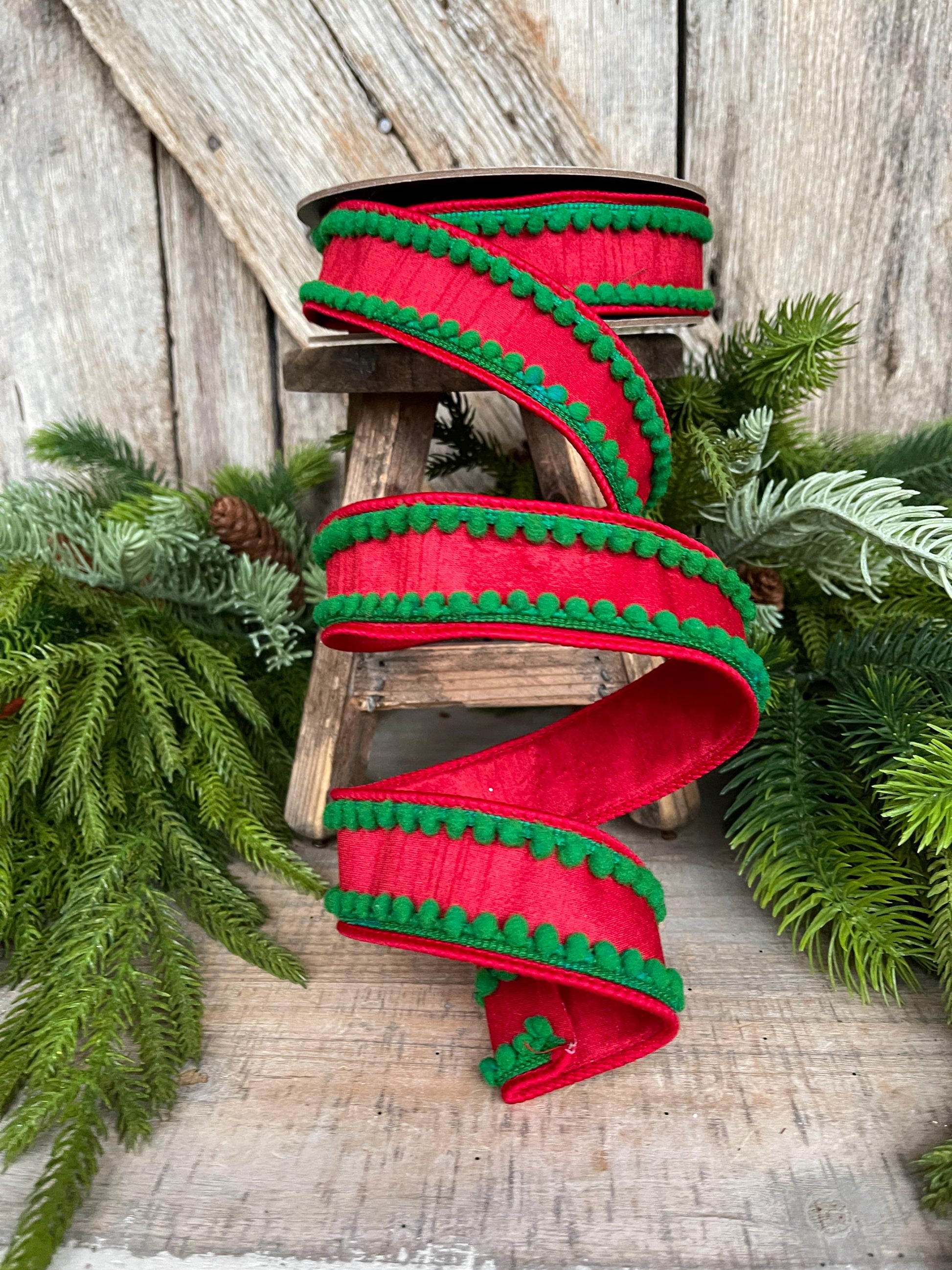 1.5" Christmas Ribbon, Wired Ribbon, Pom Pom Ribbon, Christmas Pom Pom Ribbon, Christmas Decor, Red Green Ribbon, 94597W-985-05D