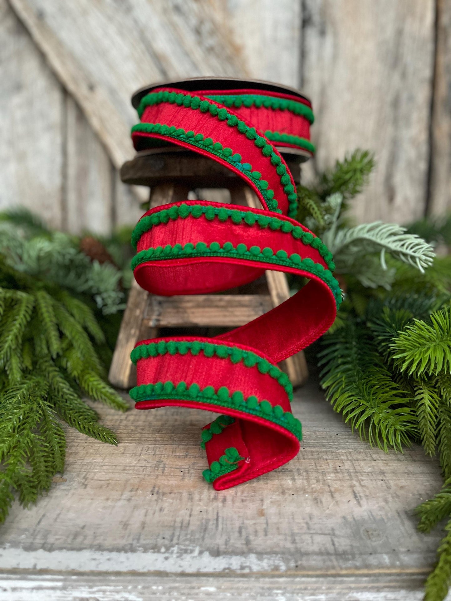 1.5" Christmas Ribbon, Wired Ribbon, Pom Pom Ribbon, Christmas Pom Pom Ribbon, Christmas Decor, Red Green Ribbon, 94597W-985-05D