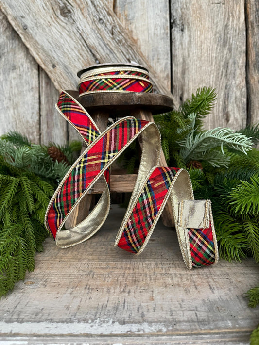 7/8" Traditional CHristmas Plaid, Wired Ribbon, Red Blue Chirstmas Plaid RIbbon