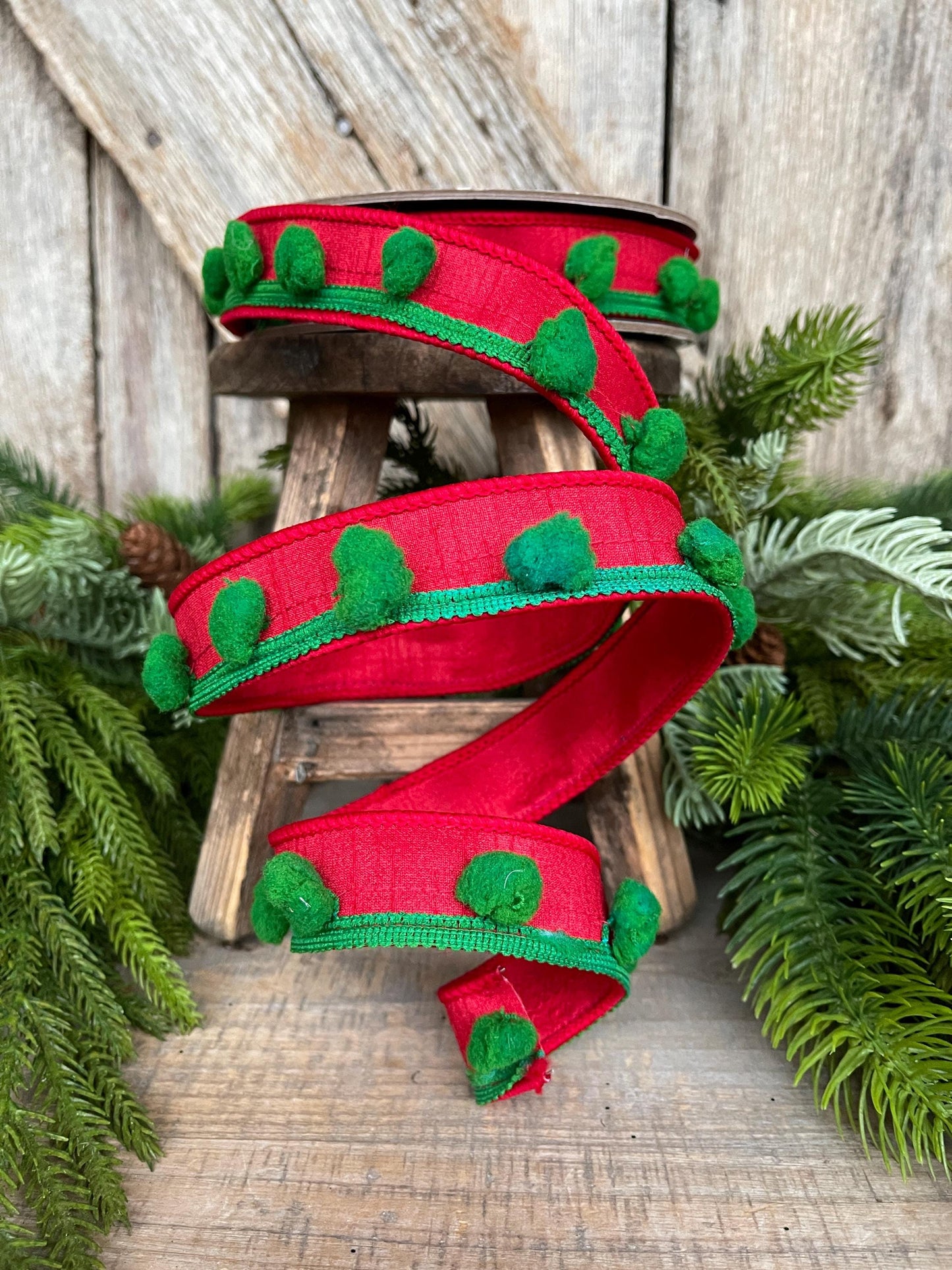 1.5" Christmas Ribbon, Wired Ribbon, Pom Pom Ribbon