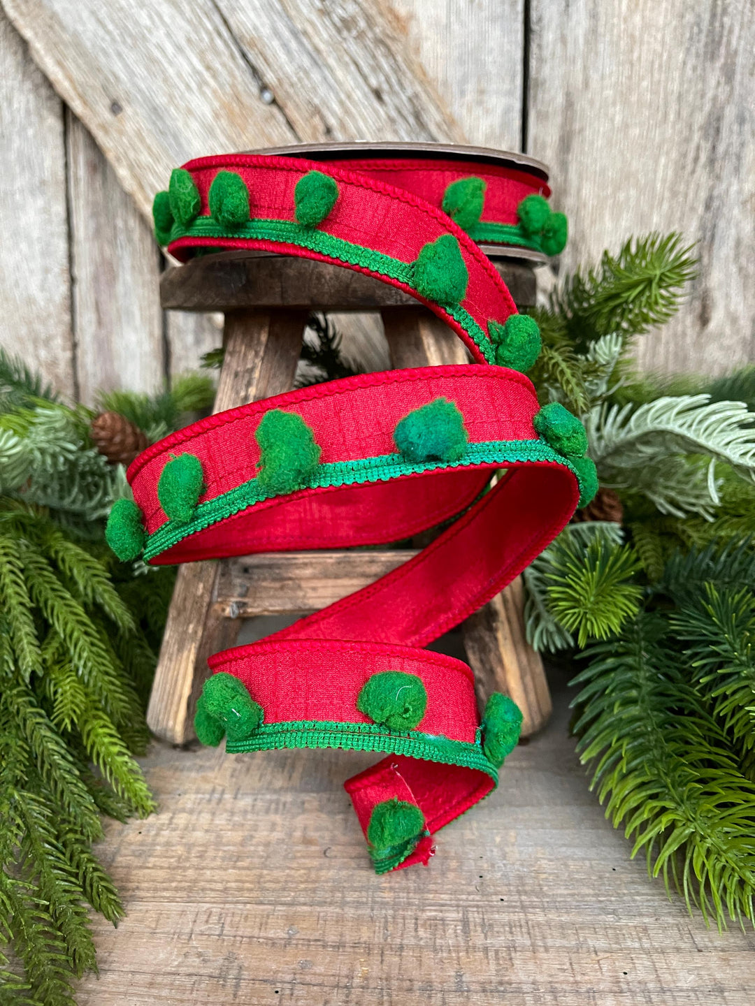 1.5" Christmas Ribbon, Wired Ribbon, Pom Pom Ribbon