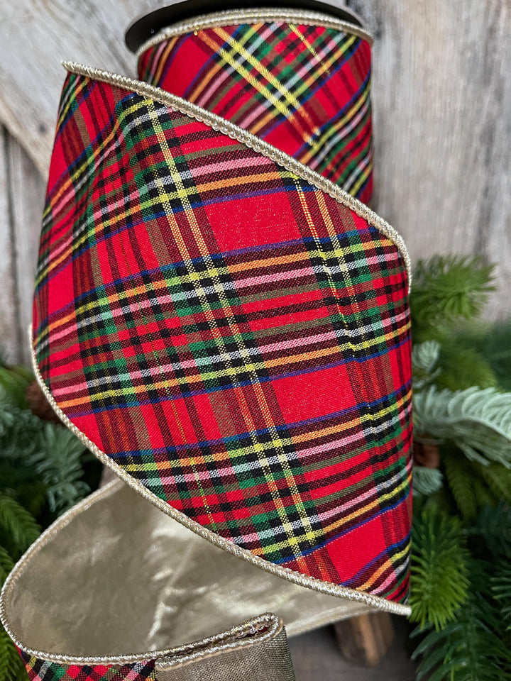4" Traditional CHristmas Plaid, Wired Ribbon, Red Blue Chirstmas Plaid RIbbon