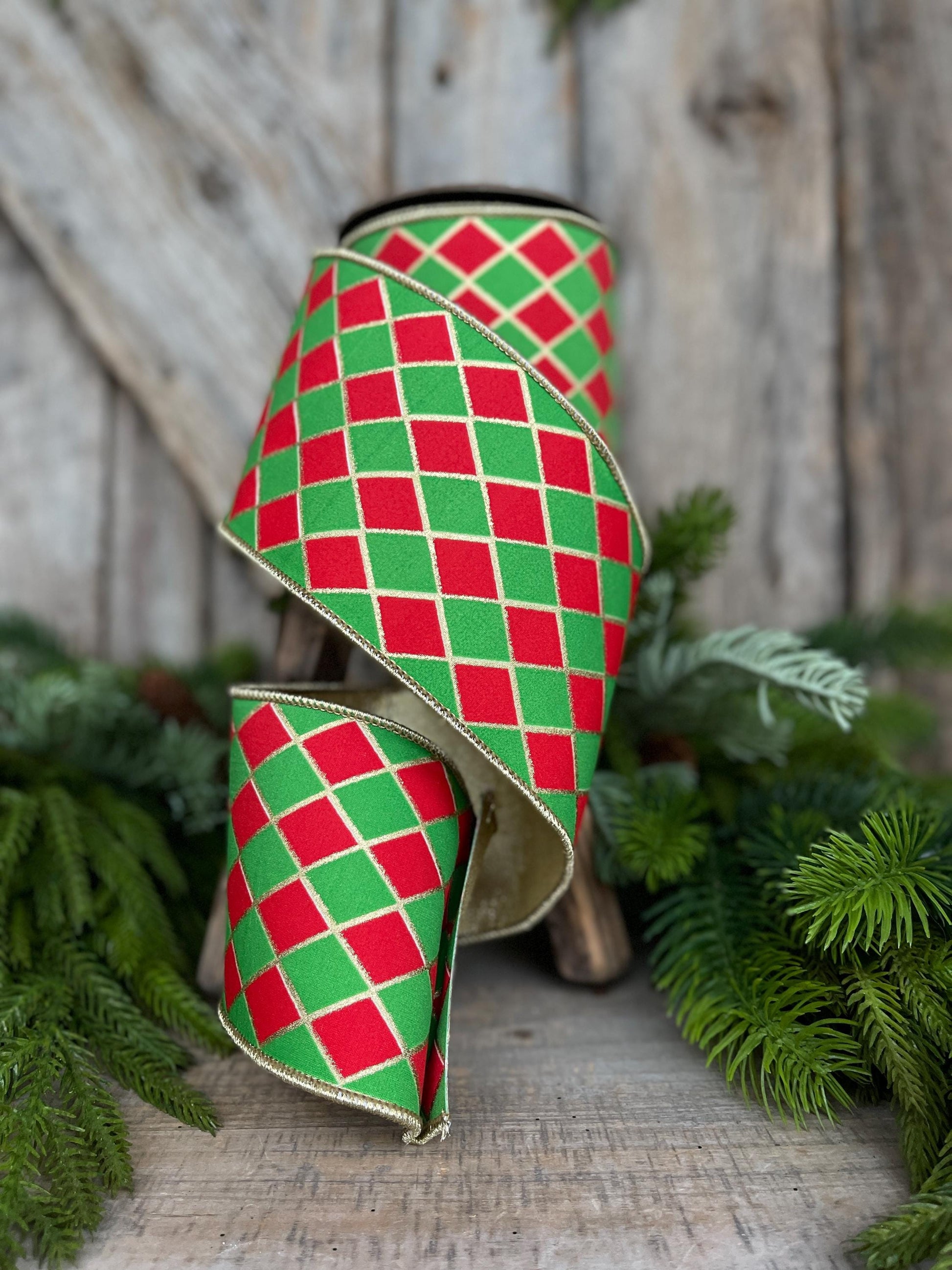 4" Red and Green Harlequin Ribbon, Christmas Ribbon, Harlequin Ribbon, Red Green Ribbon, Wired RIbbon, Designer Ribbon, 94562W-592-10D