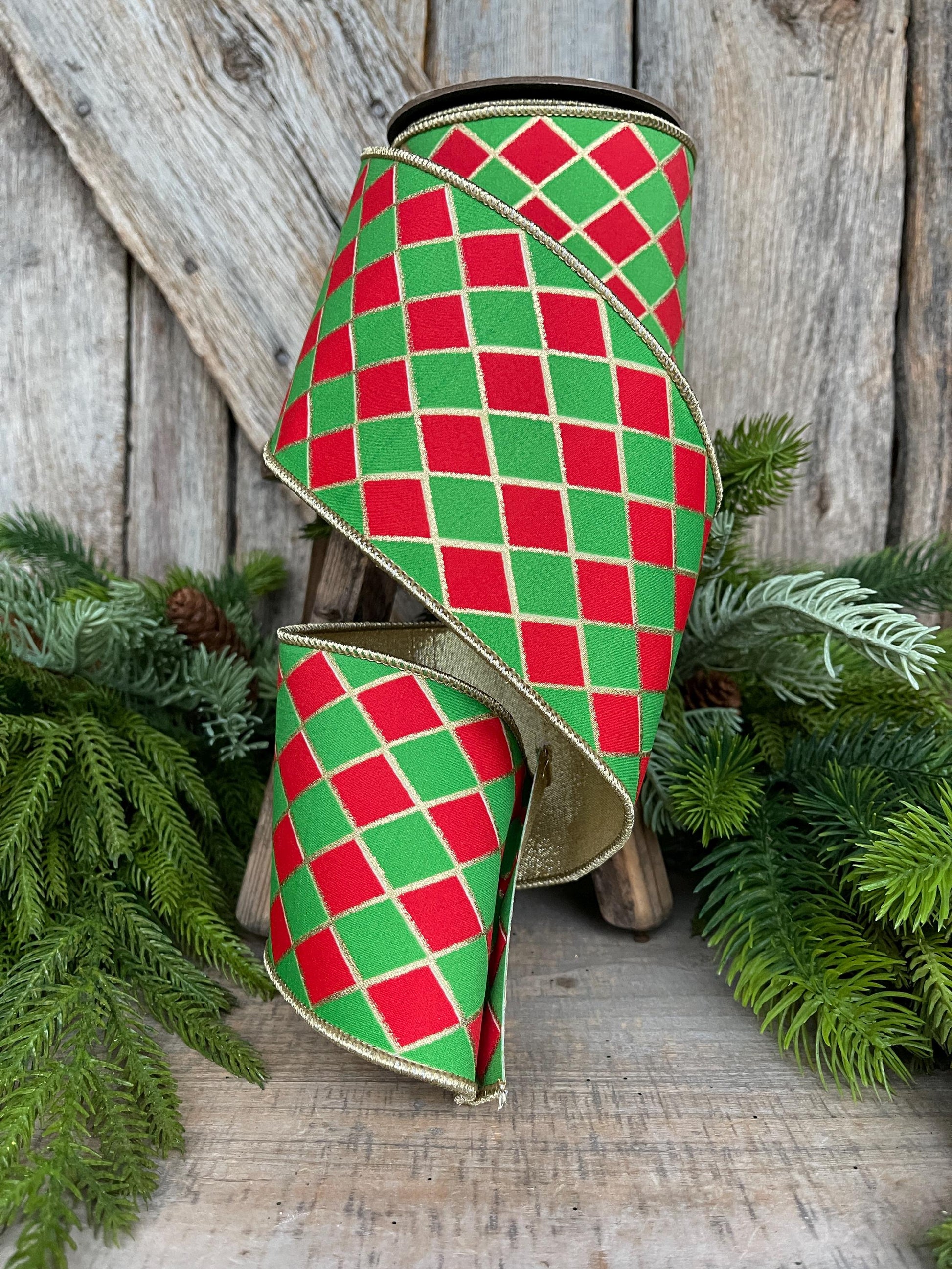 4" Red and Green Harlequin Ribbon, Christmas Ribbon, Harlequin Ribbon, Red Green Ribbon, Wired RIbbon, Designer Ribbon, 94562W-592-10D