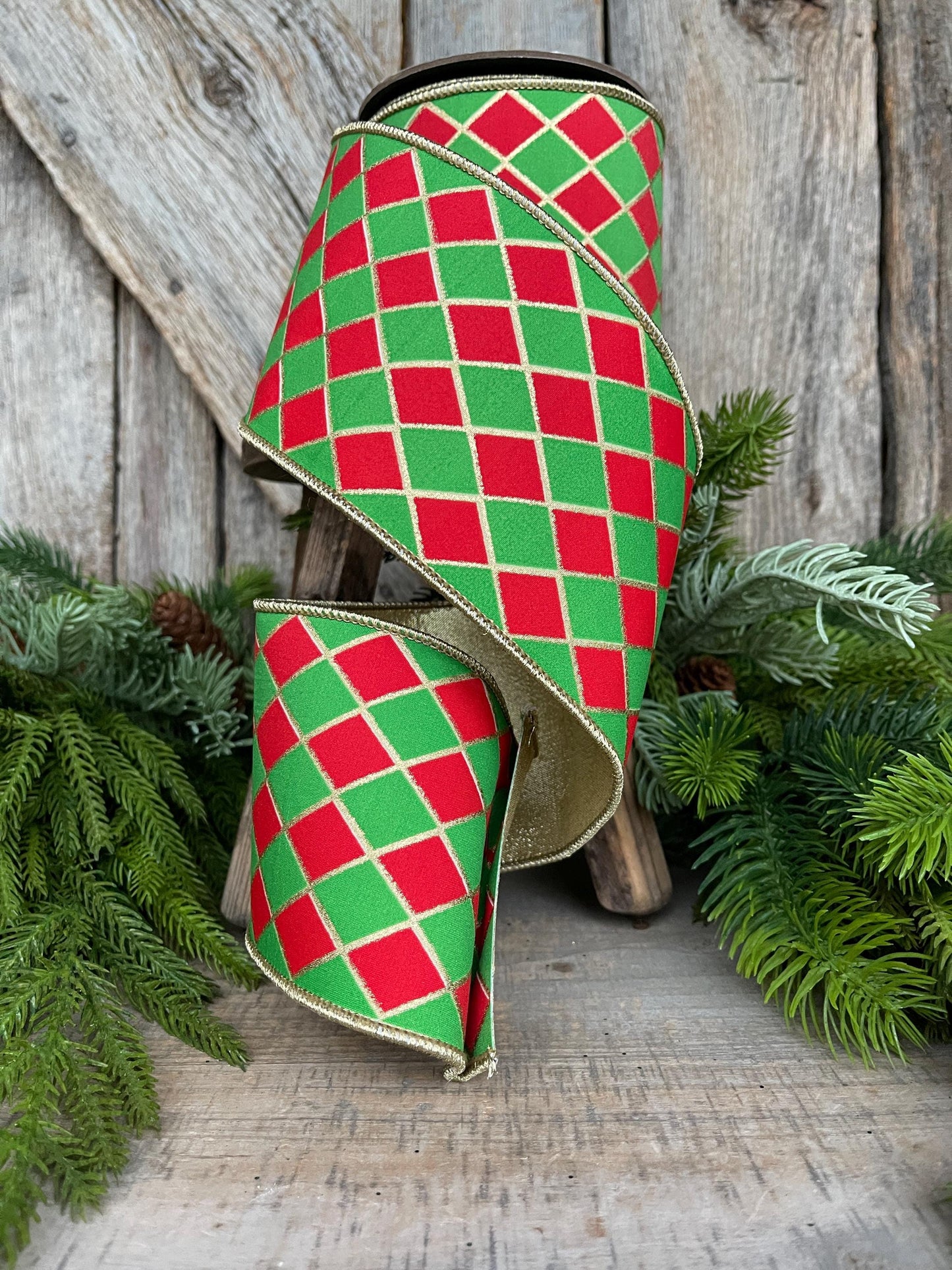 4" Red and Green Harlequin Ribbon, Christmas Ribbon, Harlequin Ribbon, Red Green Ribbon, Wired RIbbon, Designer Ribbon, 94562W-592-10D