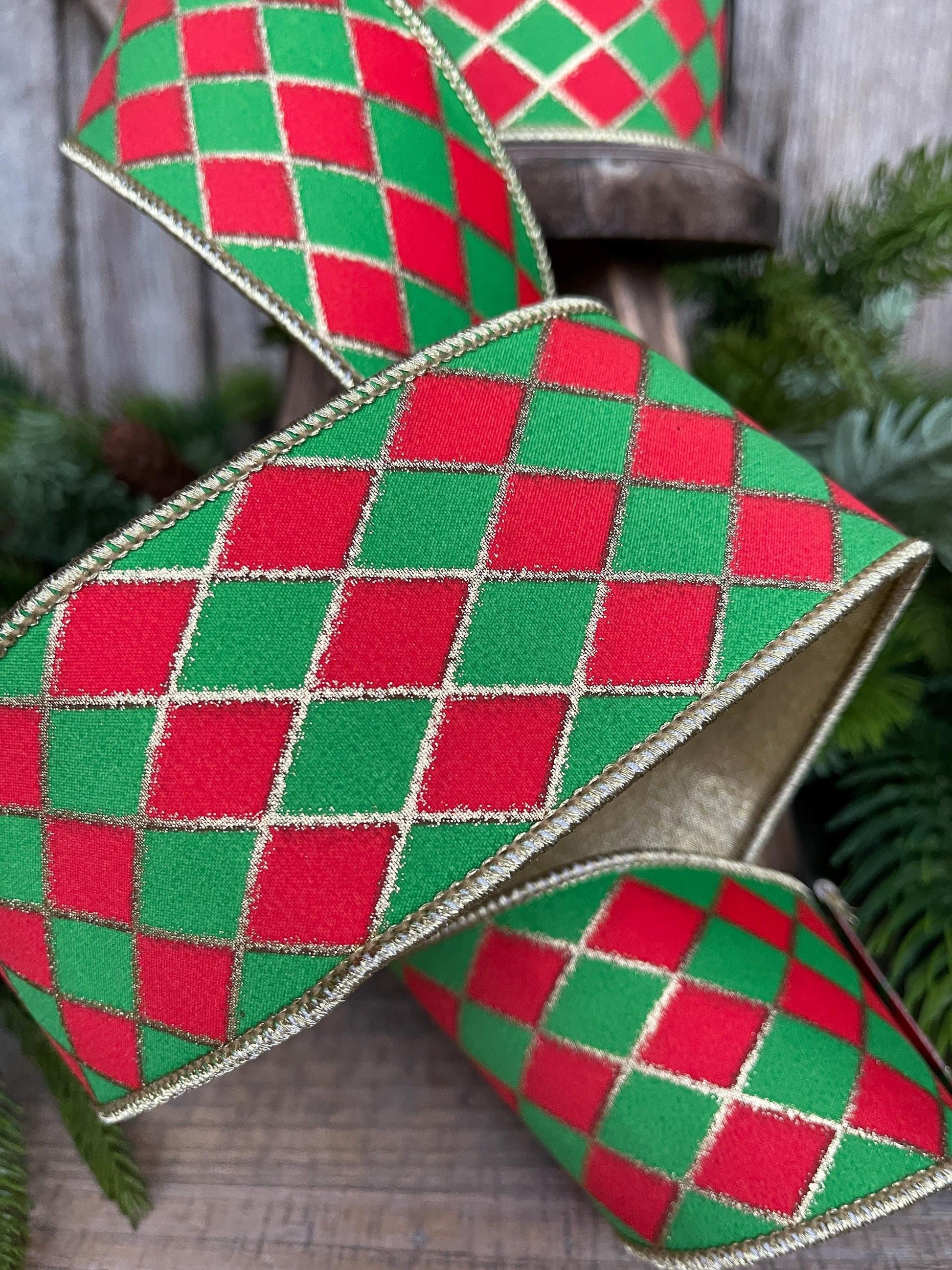 2.5" Red and Green Harlequin Ribbon, Christmas Ribbon, Harlequin Ribbon