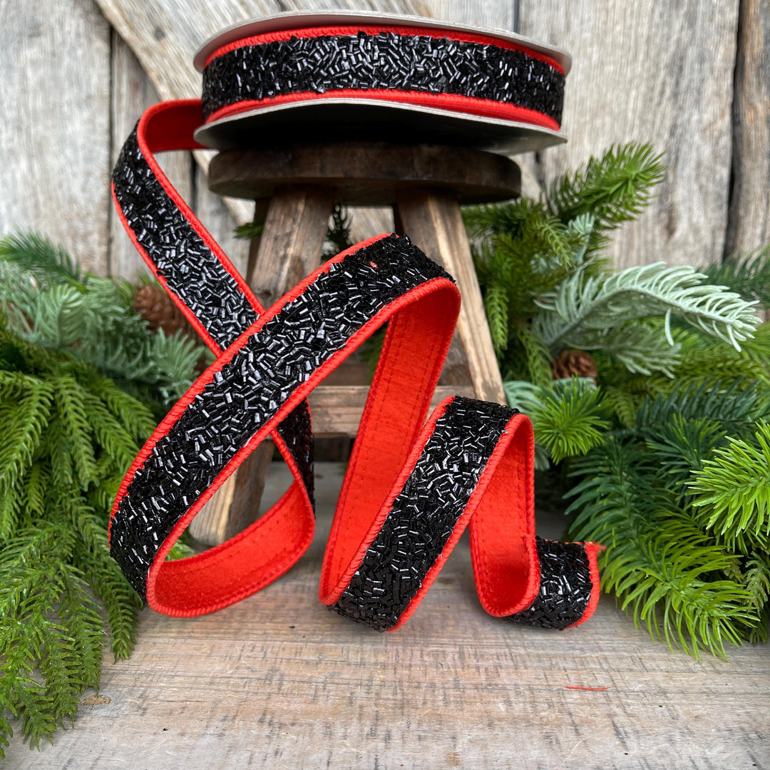 1" Orange Black Halloween Ribbon, Farrisilk Ribbon, Creepy Fuzz Ribbon