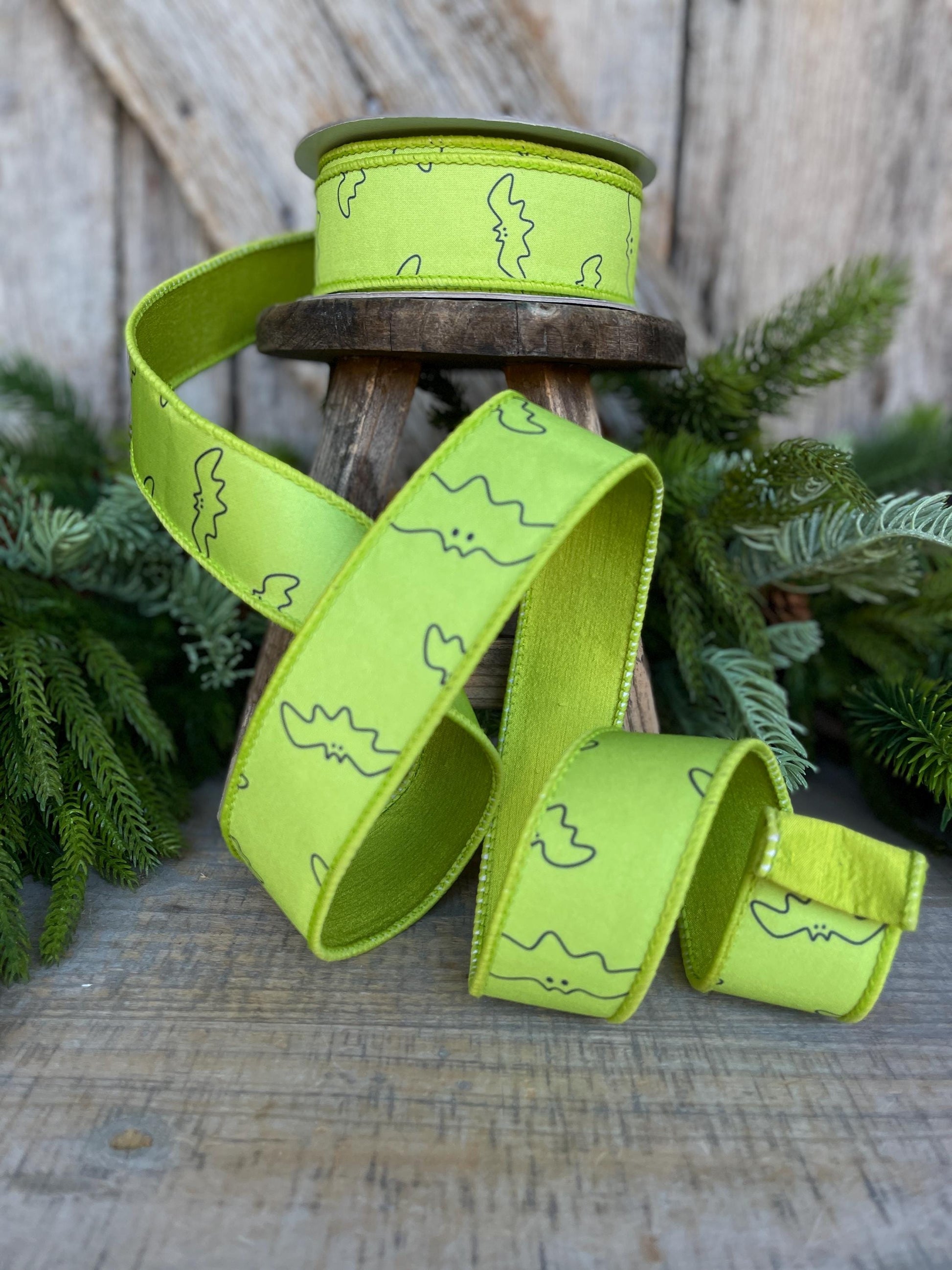 1.5" Lime Green Bat Ribbon, Farrisilk Ribbon, Halloween Ribbon