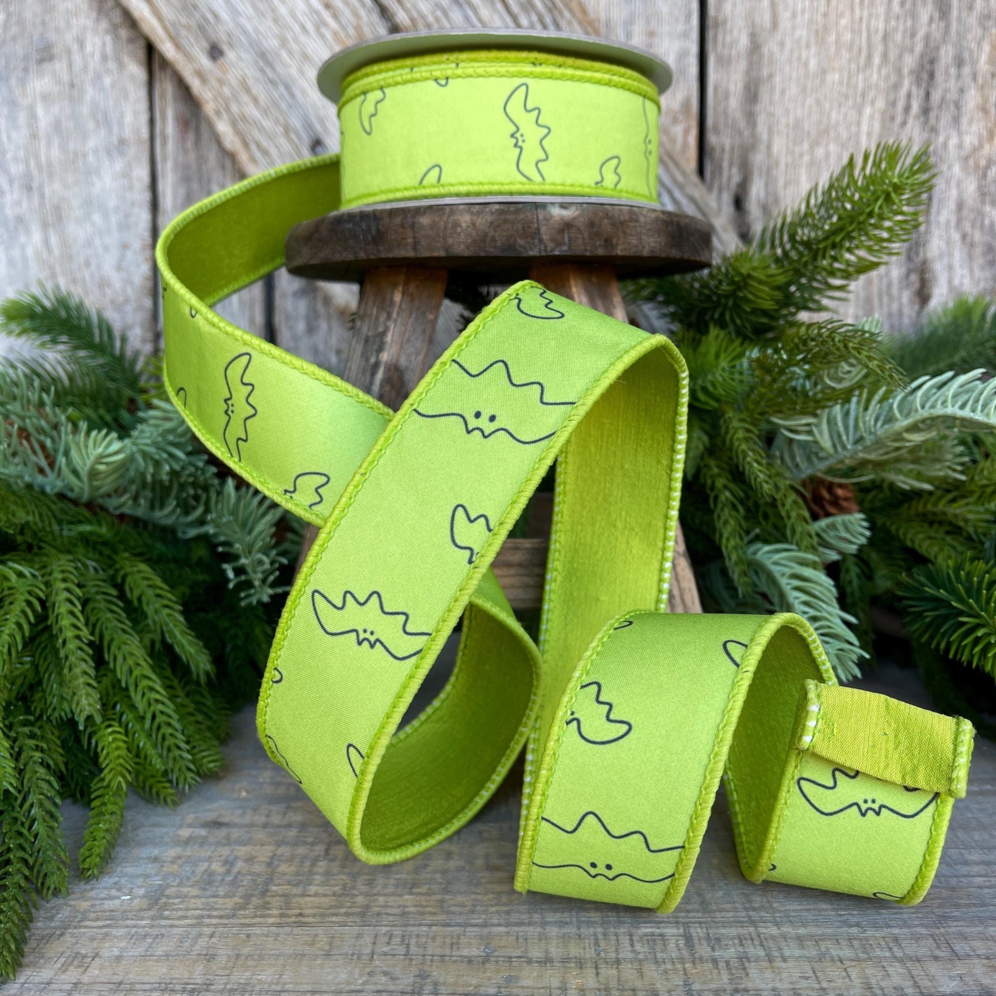 1.5" Lime Green Bat Ribbon, Farrisilk Ribbon, Halloween Ribbon