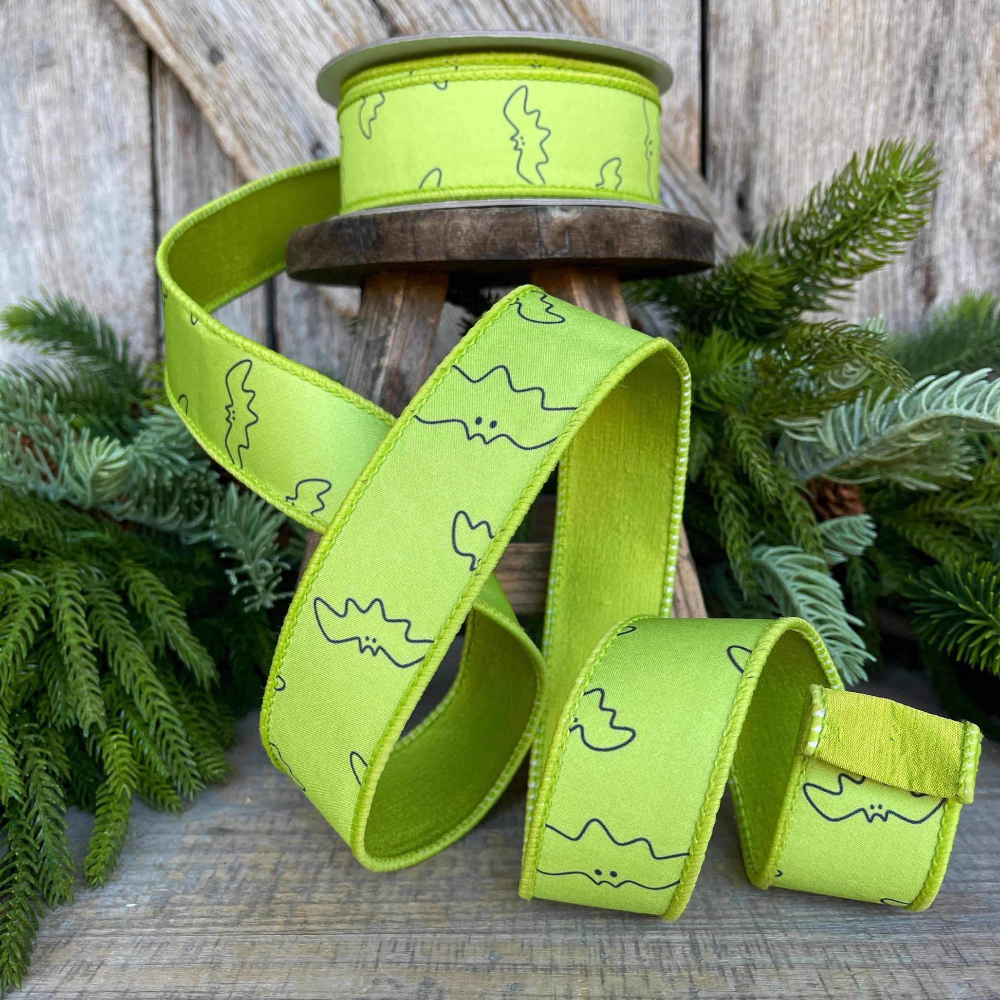 1.5" Lime Green Bat Ribbon, Farrisilk Ribbon, Halloween Ribbon