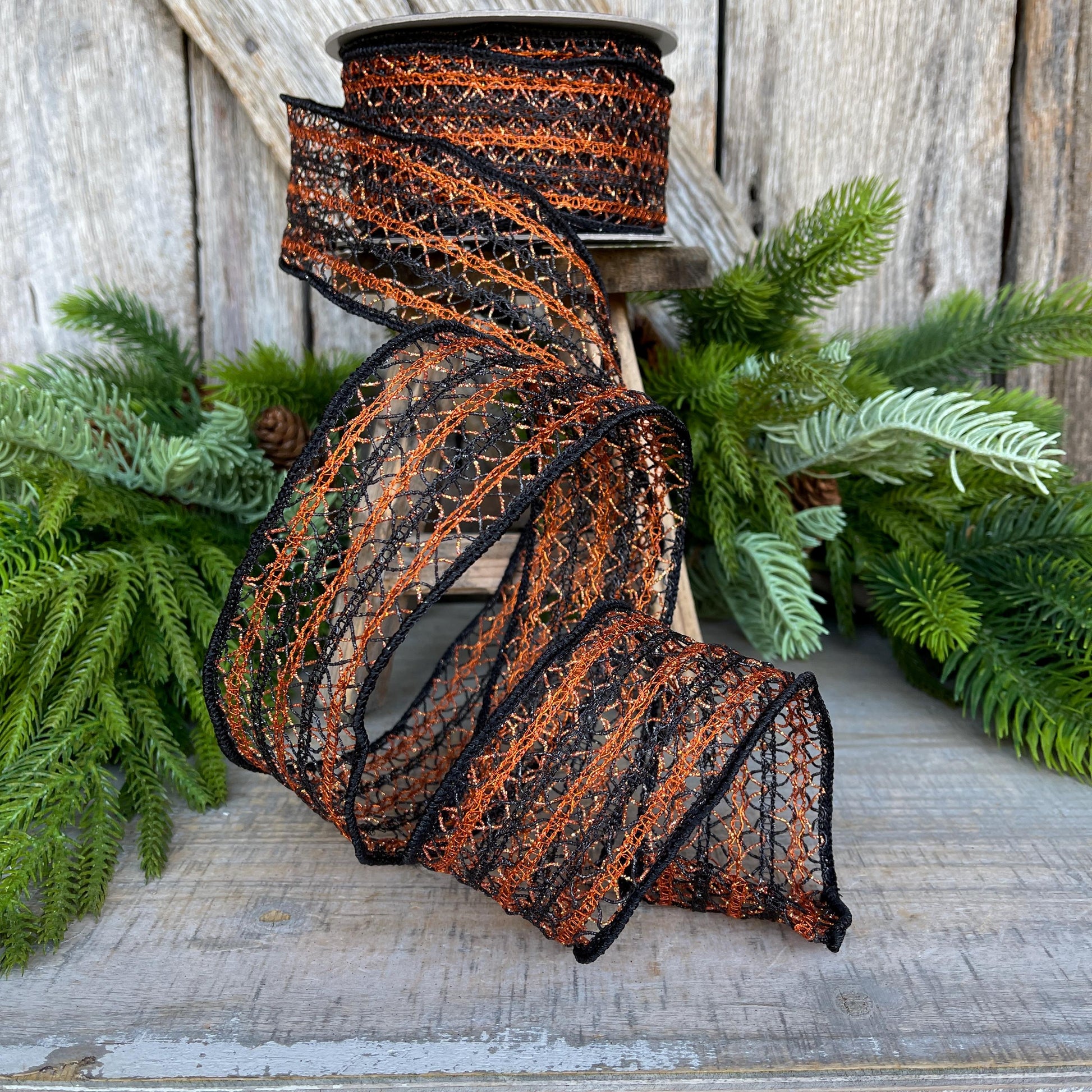 2.5" Orange Halloween Ribbon, Farrisilk Ribbon, Creepy Crochet, Halloween Ribbon, Wired Ribbon, Orange Halloween Ribbon, HR030-87