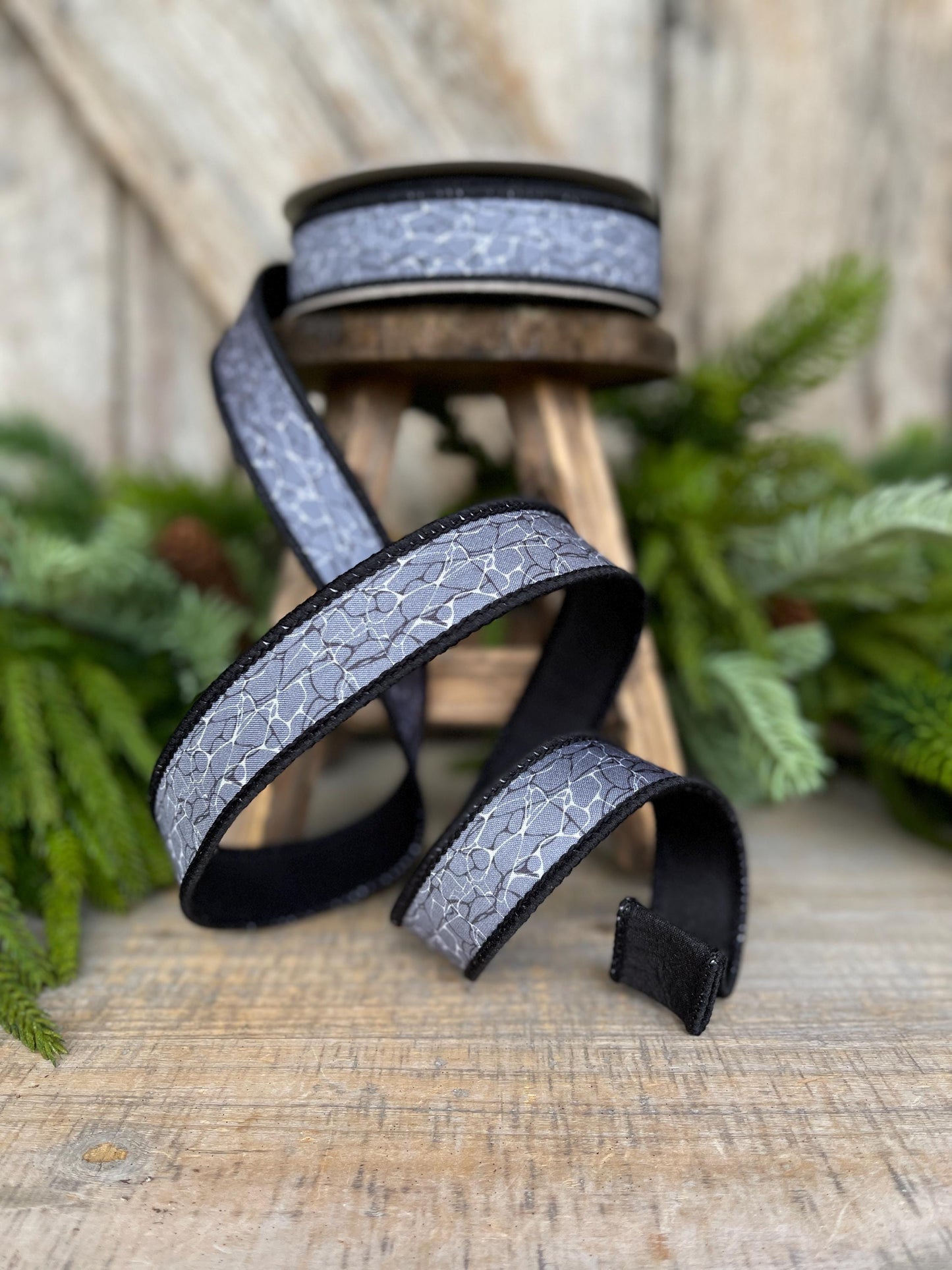 1" Gray Black Halloween Ribbon, Black Labyrinth Ribbon, Farrisilk Ribbon, Halloween Ribbon, Wired Ribbon, HR045-92