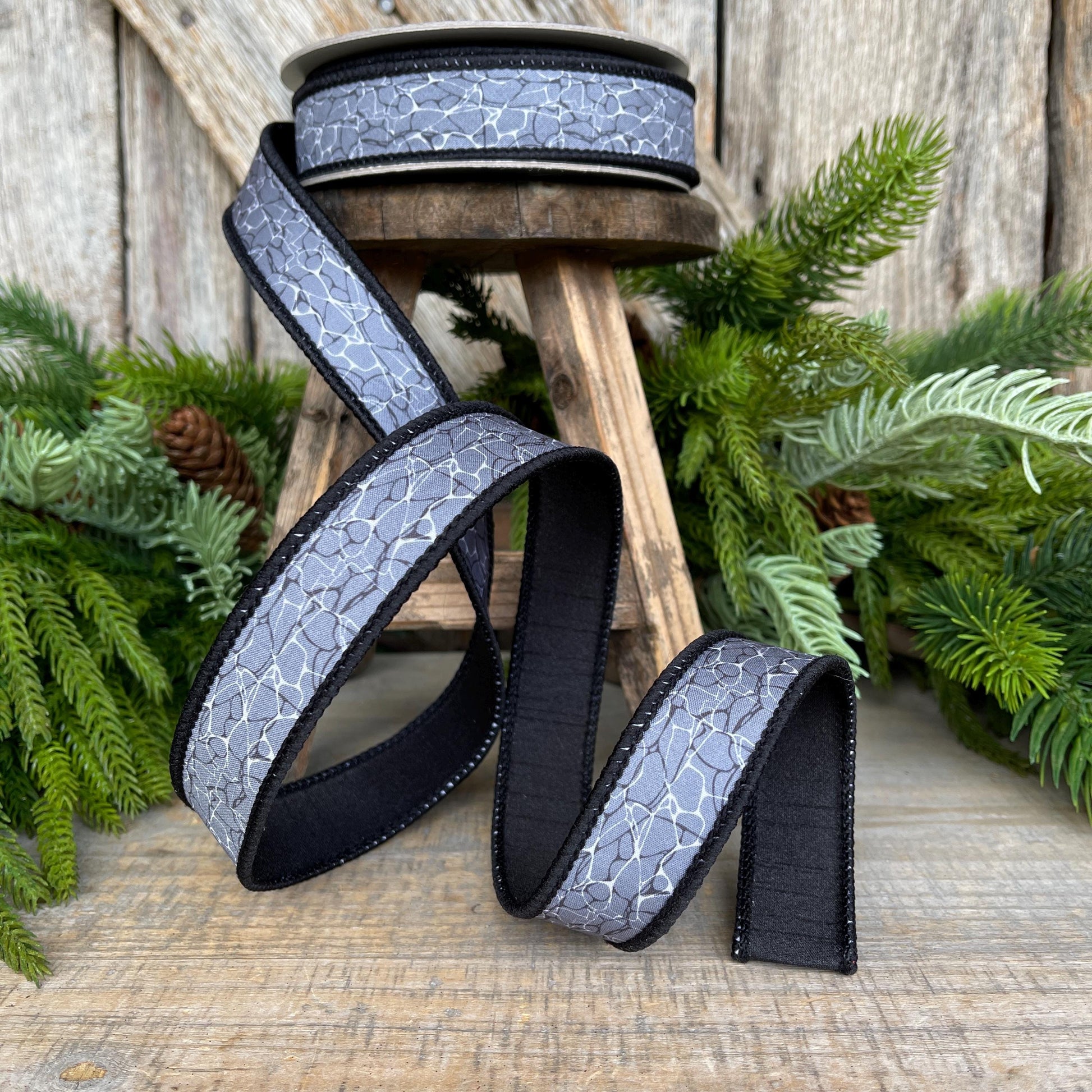 1" Gray Black Halloween Ribbon, Black Labyrinth Ribbon, Farrisilk Ribbon, Halloween Ribbon, Wired Ribbon, HR045-92
