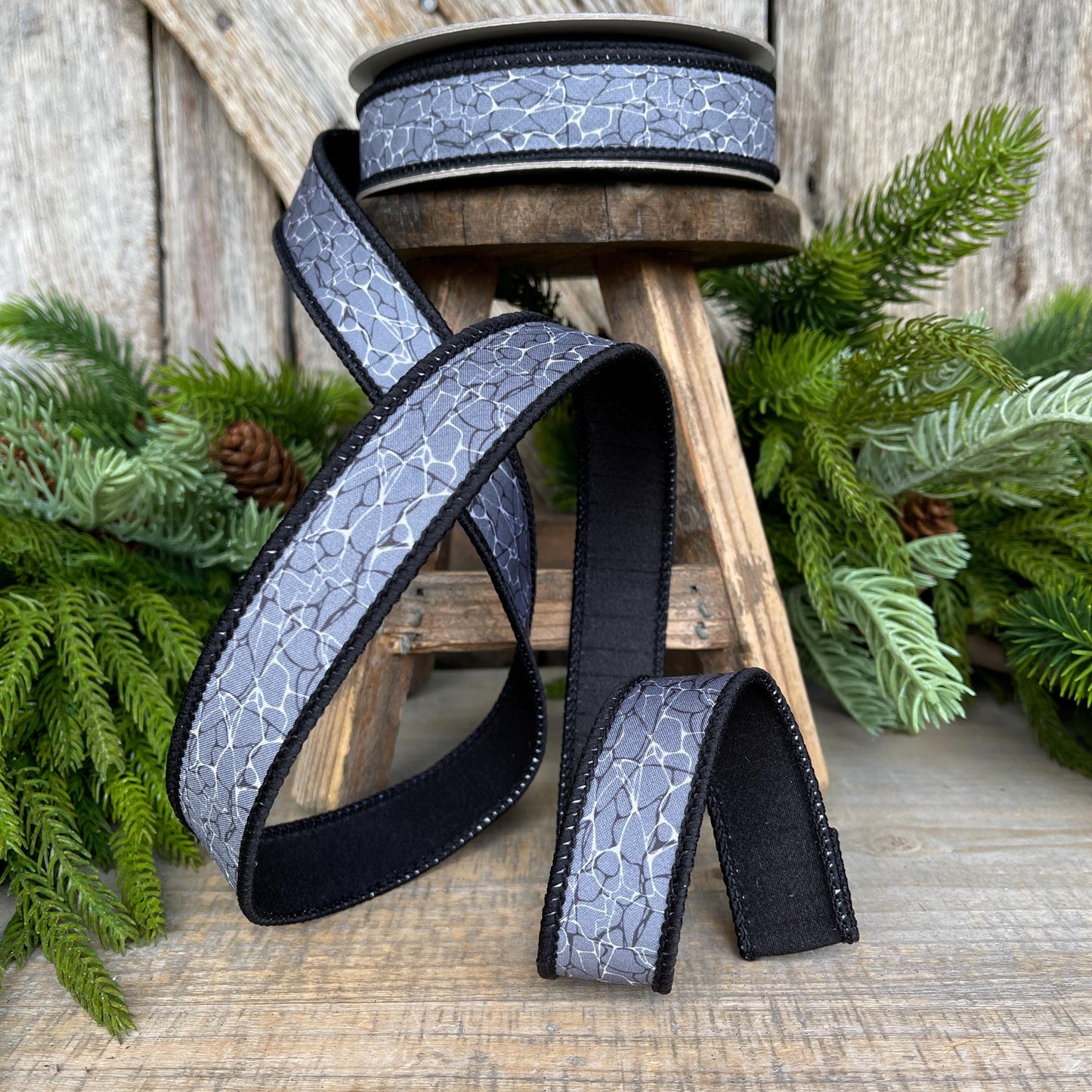 1" Gray Black Halloween Ribbon, Black Labyrinth Ribbon, Farrisilk Ribbon