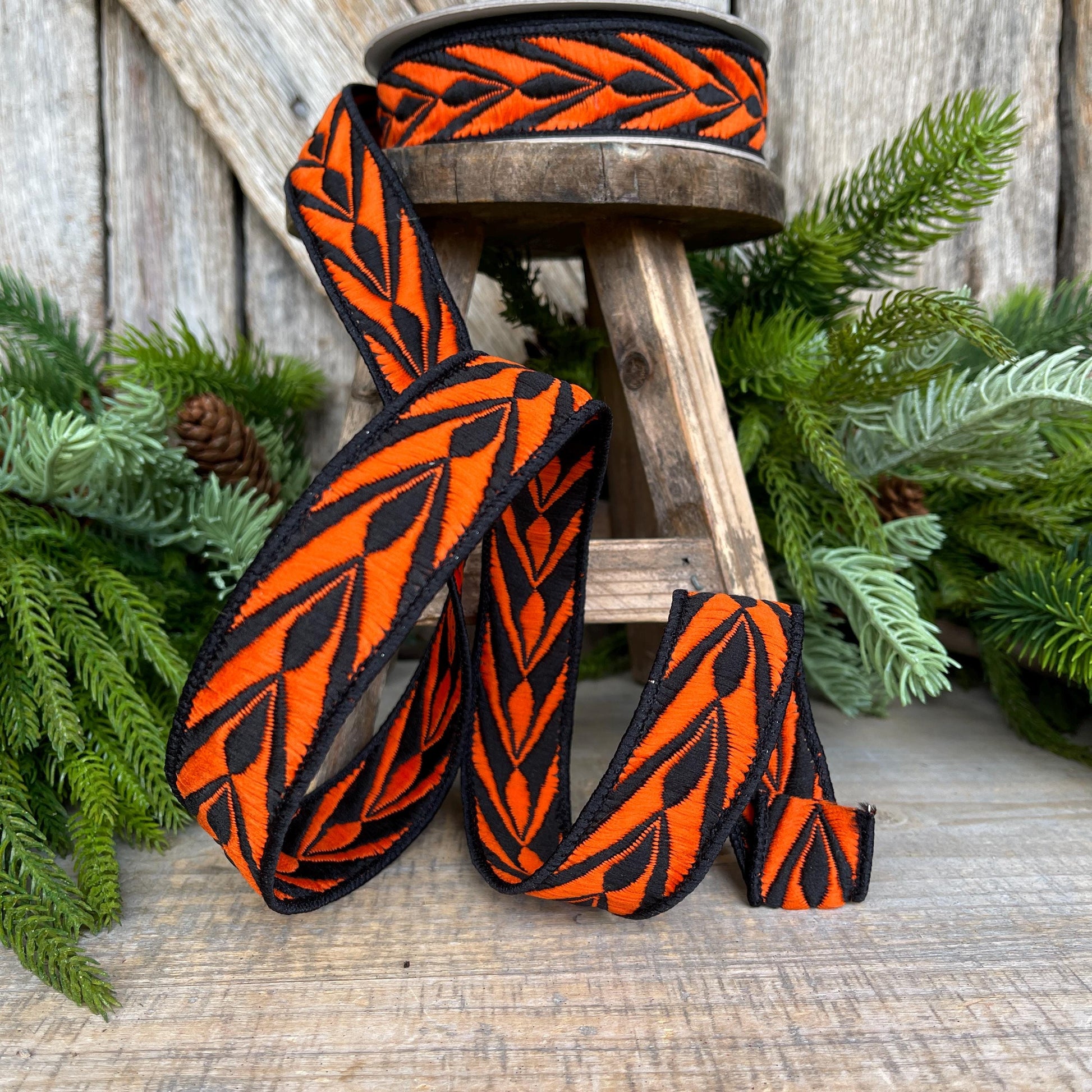 1" Orange Fang Ribbon, Farrisilk Ribbon, Orange Black Ribbon, Designer Ribbon, HR032-87