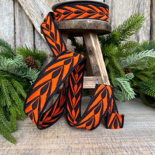1" Orange Fang Ribbon, Farrisilk Ribbon, Orange Black Ribbon, Designer Ribbon, HR032-87