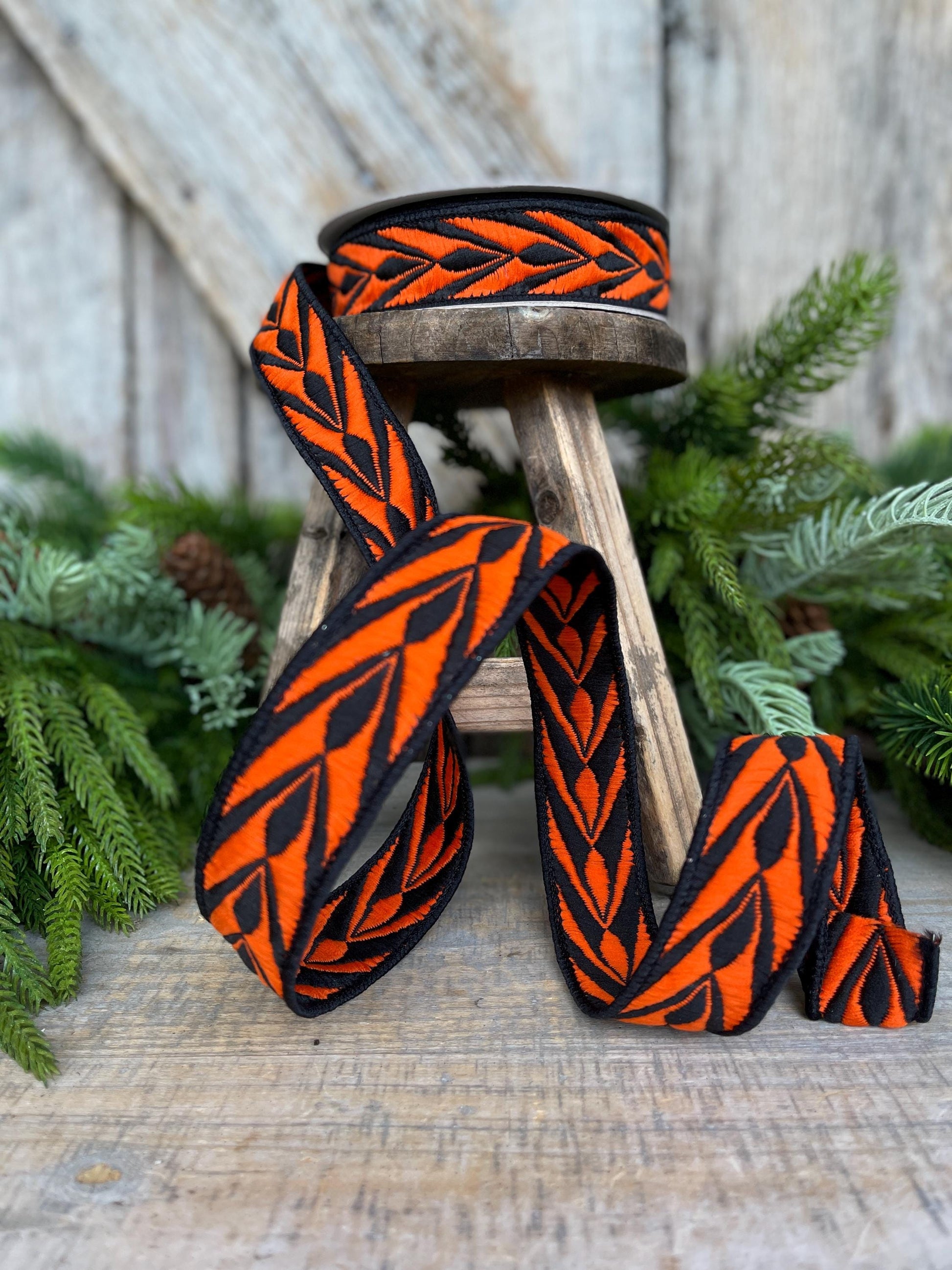 1" Orange Fang Ribbon, Farrisilk Ribbon, Orange Black Ribbon, Designer Ribbon, HR032-87