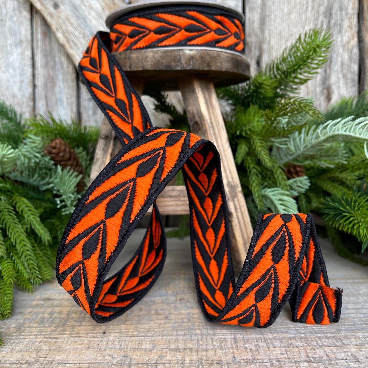 1" Orange Fang Ribbon, Farrisilk Ribbon, Orange Black Ribbon, Designer Ribbon, HR032-87