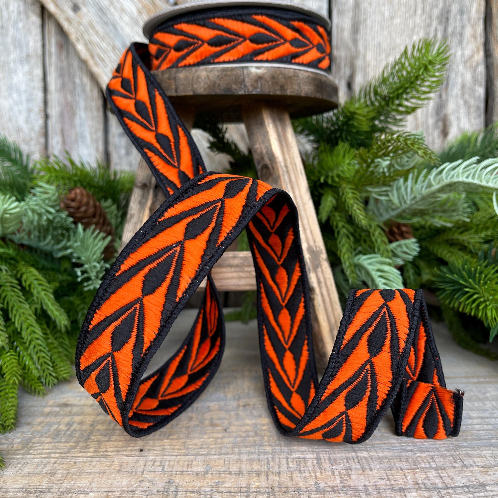 1" Orange Fang Ribbon, Farrisilk Ribbon, Orange Black Ribbon, Designer Ribbon, HR032-87