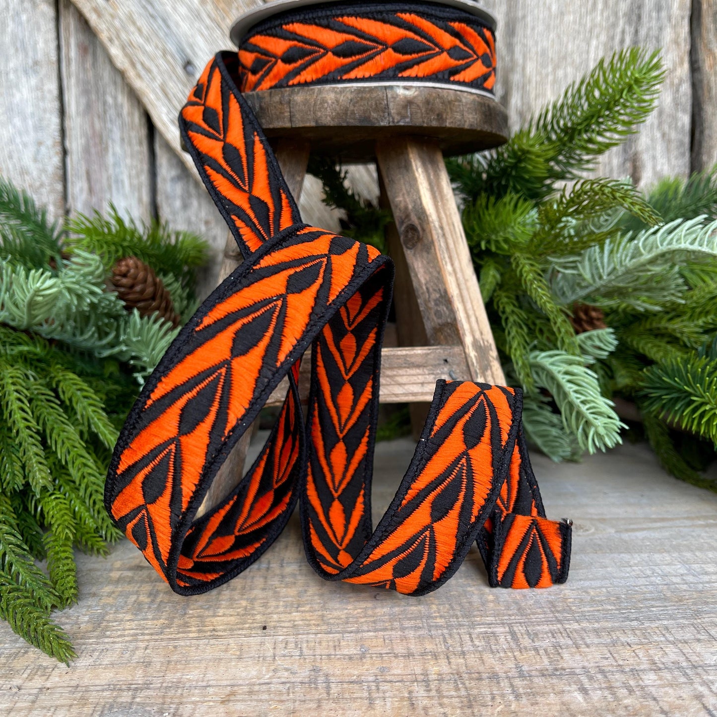 1" Orange Fang Ribbon, Farrisilk Ribbon, Orange Black Ribbon, Designer Ribbon, HR032-87