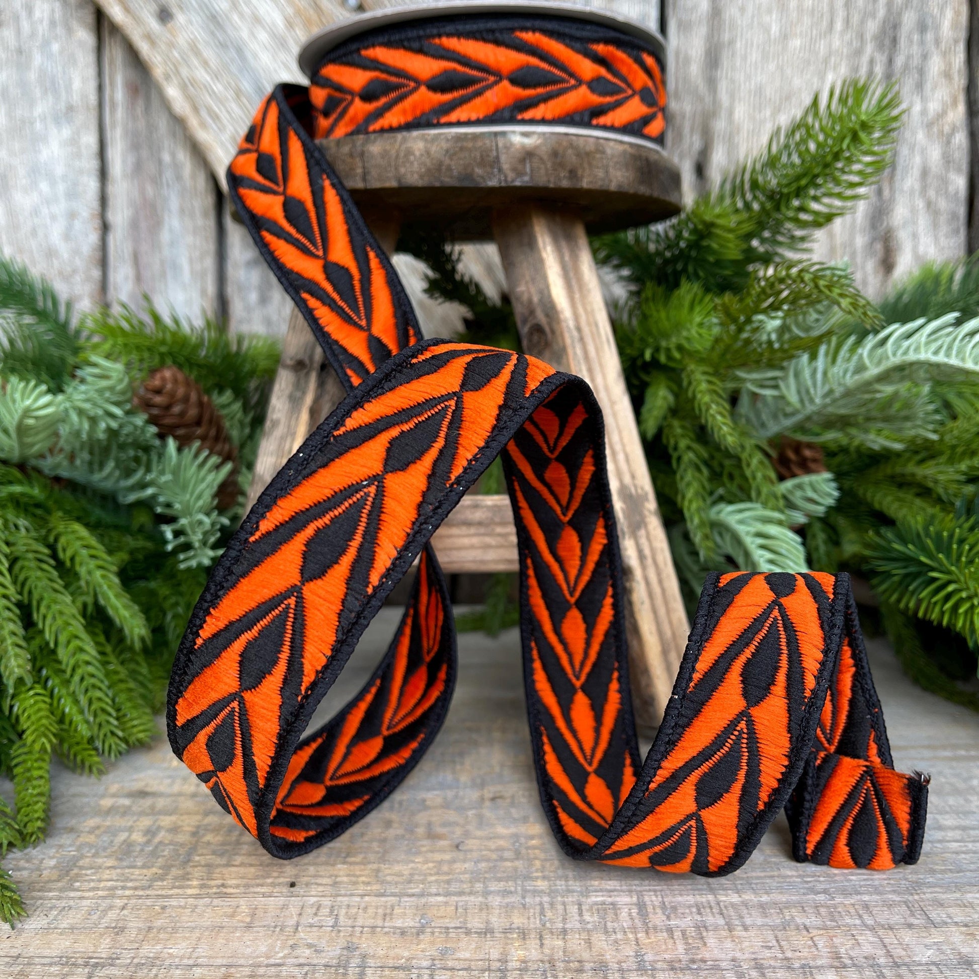 1" Orange Fang Ribbon, Farrisilk Ribbon, Orange Black Ribbon, Designer Ribbon, HR032-87