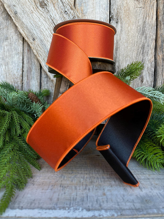 2.5" Orange Black Satin Ribbon, Farrisilk Ribbon, Wired Ribbon, RIbbon, Halloween Ribbon, Orange Ribbon, Designer RIbbon, RS163-92