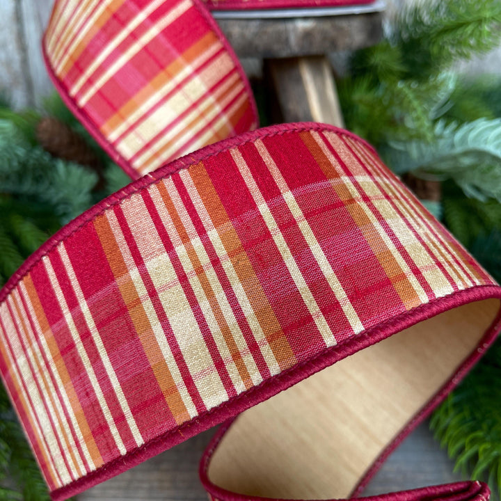 2.5" Fall Plaid Ribbon, Red Orange Prescott Plaid Ribbon