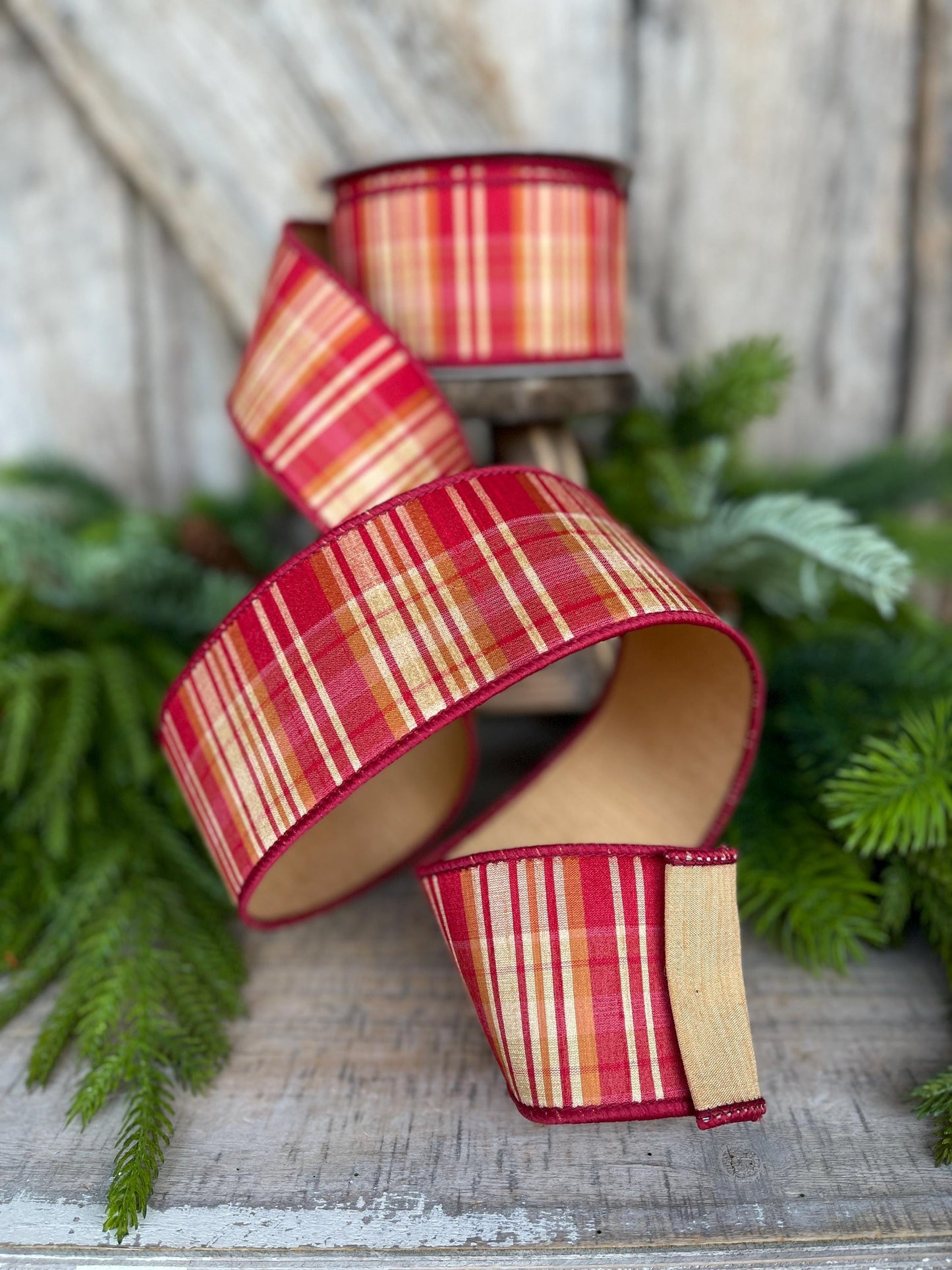 2.5" Fall Plaid Ribbon, Red Orange Prescott Plaid Ribbon, Farrisilk Ribbon