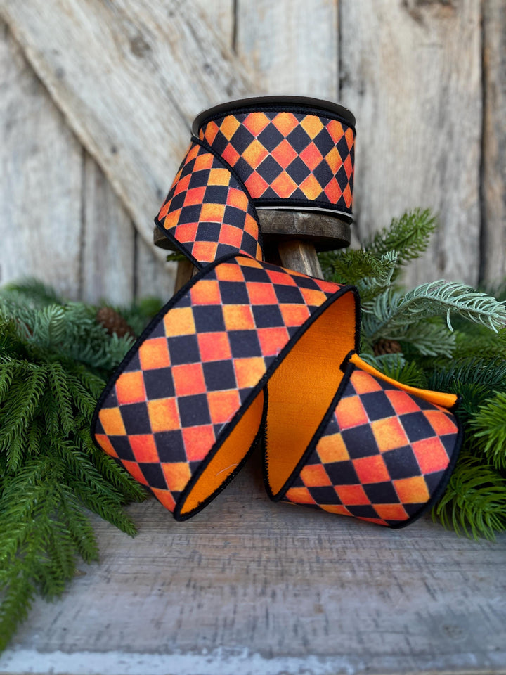 2.5" Orange Harlequin Ribbon, Farrisilk Ribbon, Orange Sketch Checks