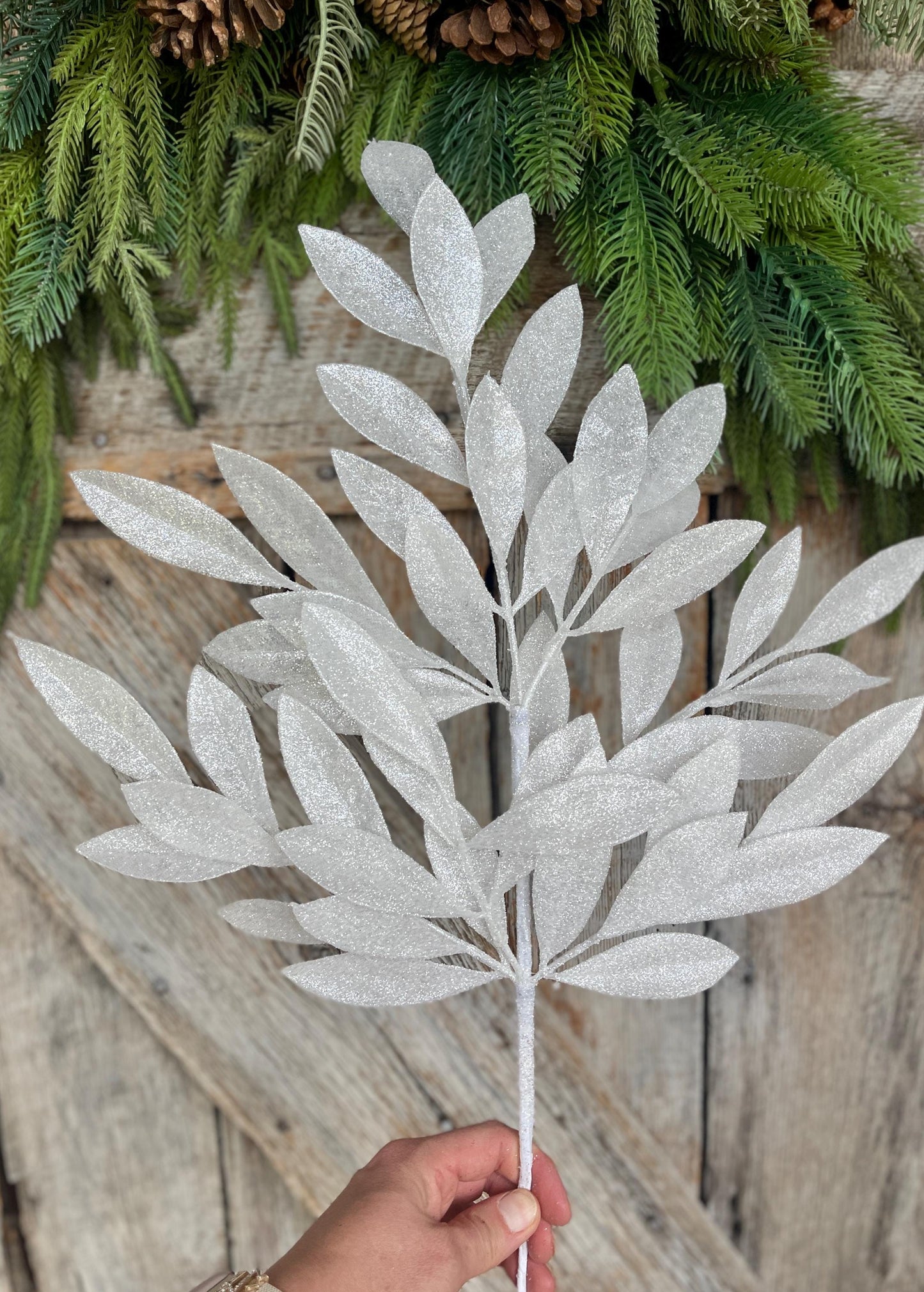 23" White Bay Leaf Glitter Spray, White Leaf Spray, Christmas Leaf Spray