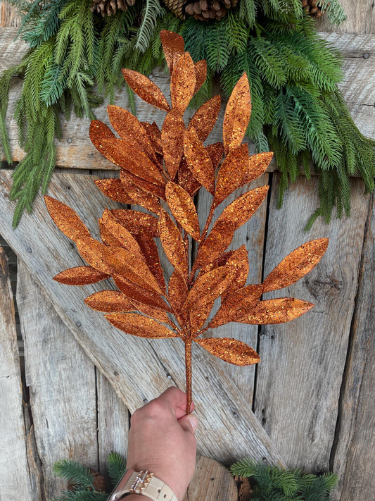 23" Copper Bay Leaf Glitter Spray, Orange Copper Leaf Spray, Fall Leaf Spray, XS618260, Christmas Tree Decor, Copper Spray