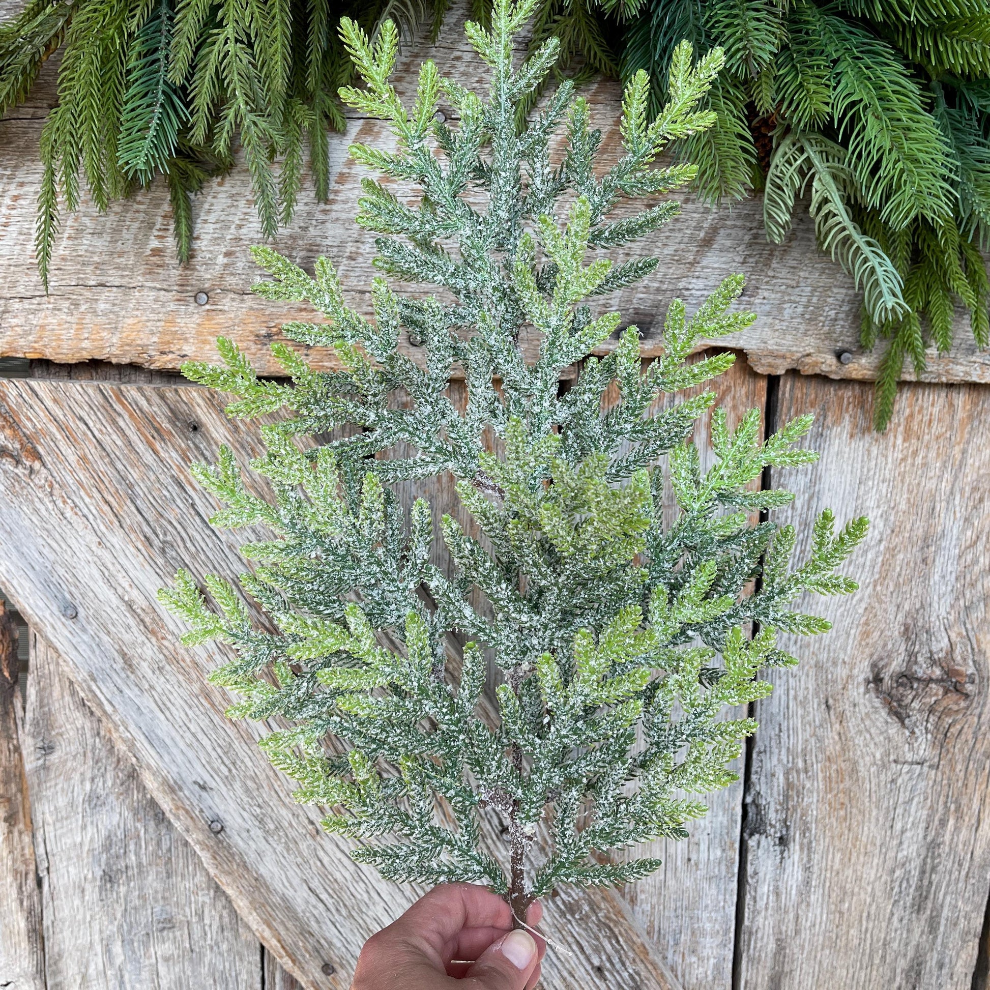 26" Norfolk Iced Pine Spray, Real Touch Norfold Pine, Artificial Pine Spray