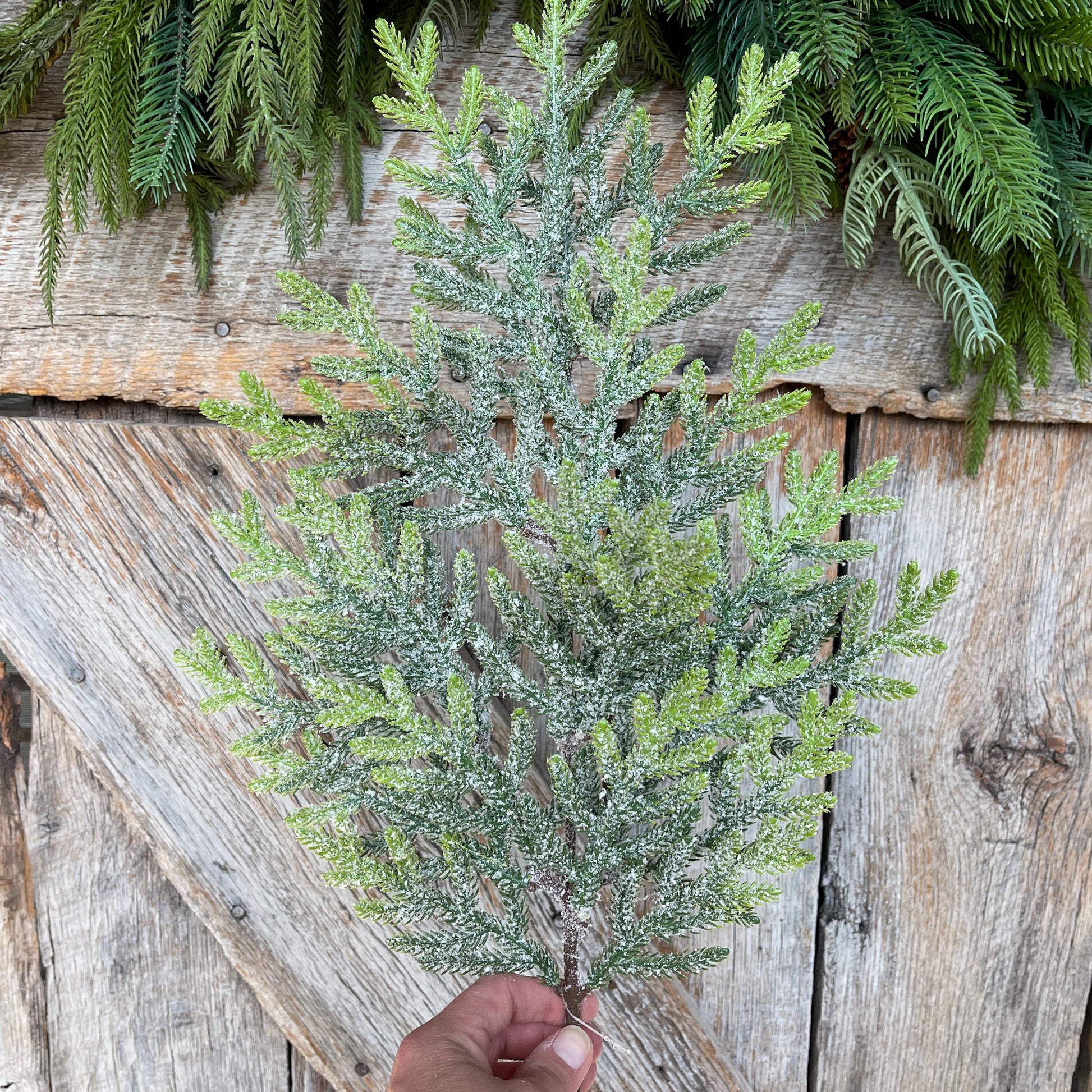 26" Norfolk Iced Pine Spray, Real Touch Norfold Pine, Artificial Pine Spray