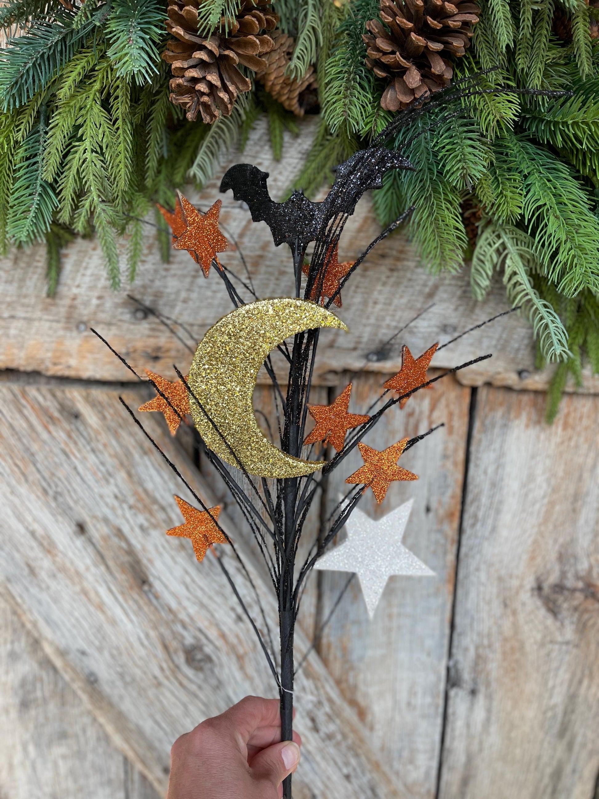 29" Halloween Spray, Gitter Crescent Moon Bat Spray, Halloween Spray