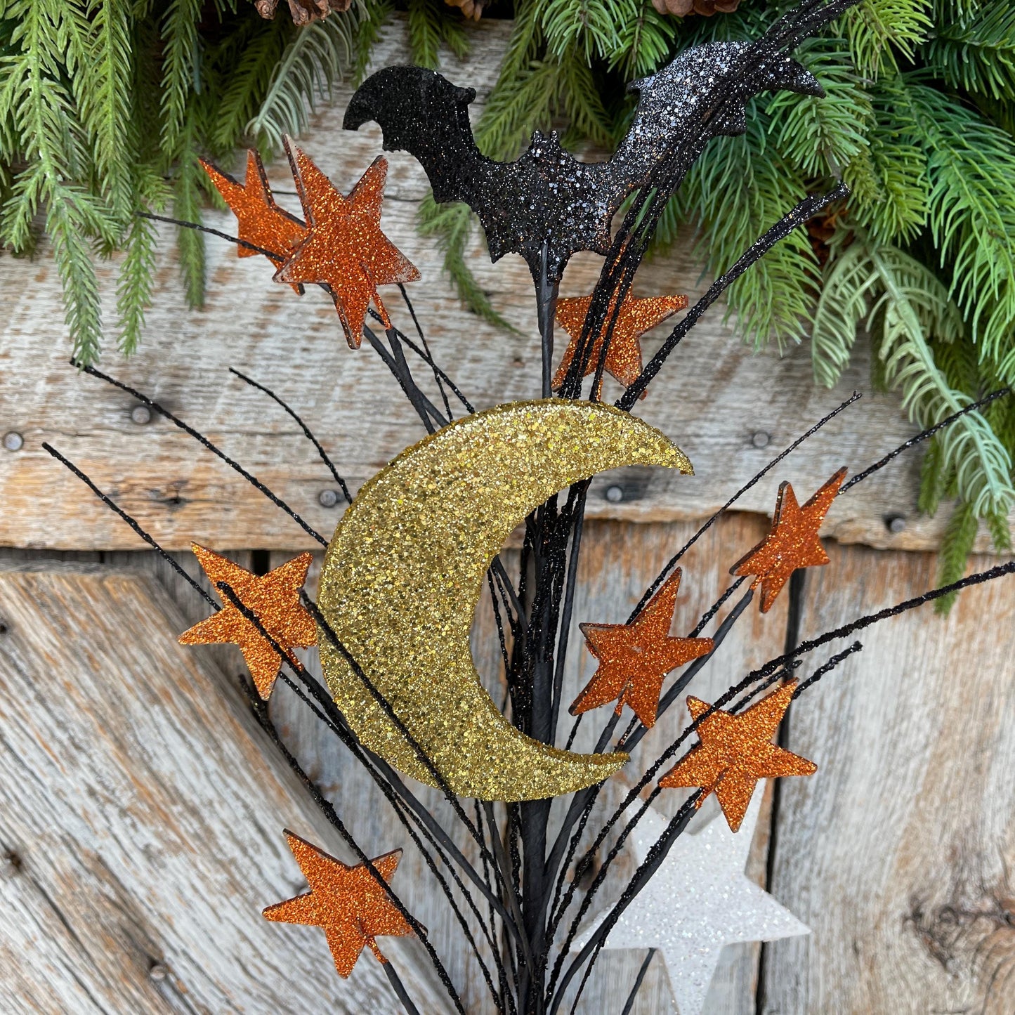29" Halloween Spray, Gitter Crescent Moon Bat Spray, Halloween Spray