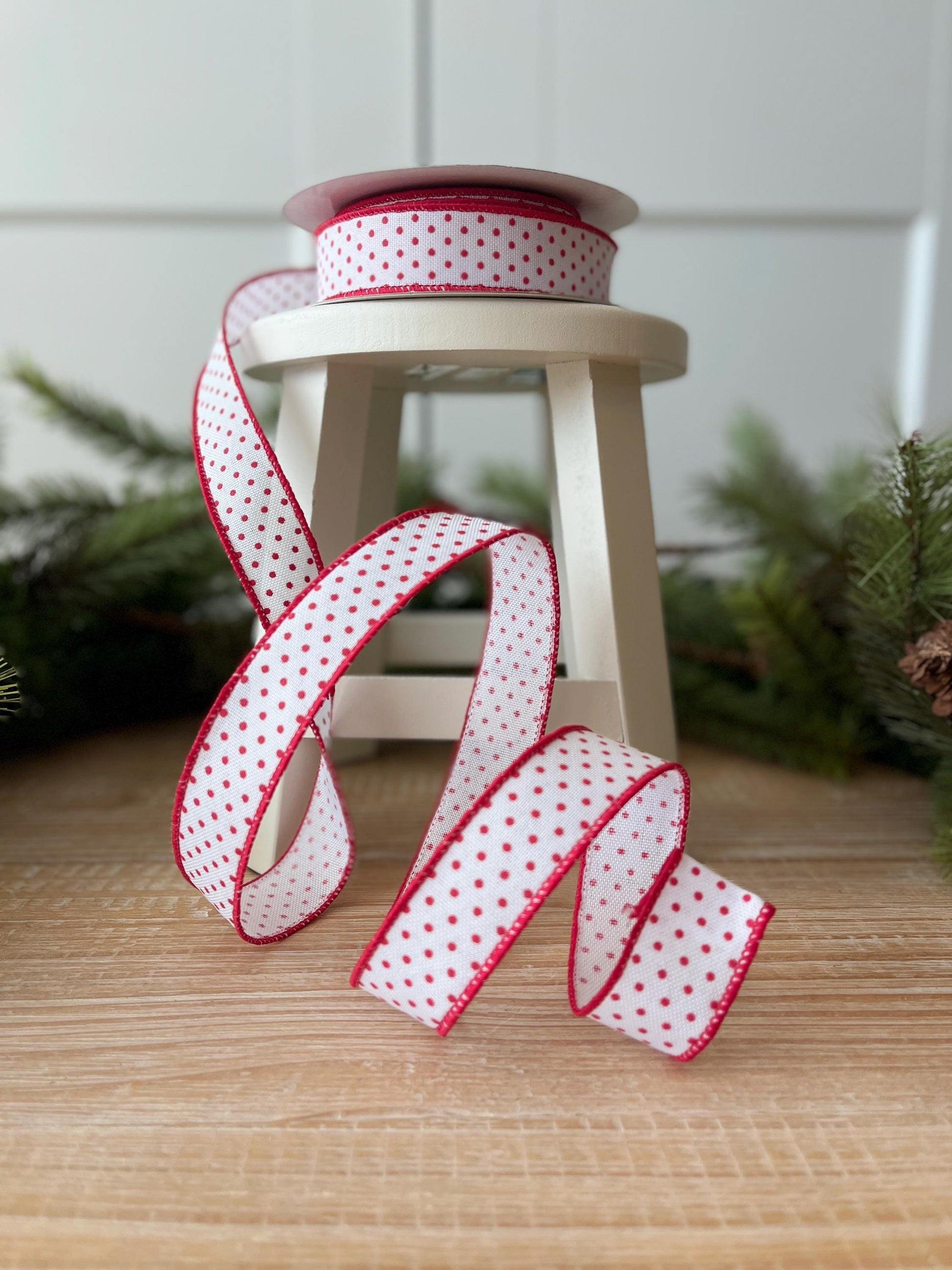 7/8" Red Ribbon, Red Swiss Dots Ribbon, Narrow RIbbon, Wired Ribbon, Craft Supply, Wreath Supply, Ribbon for Bows, Wreath Ribbon