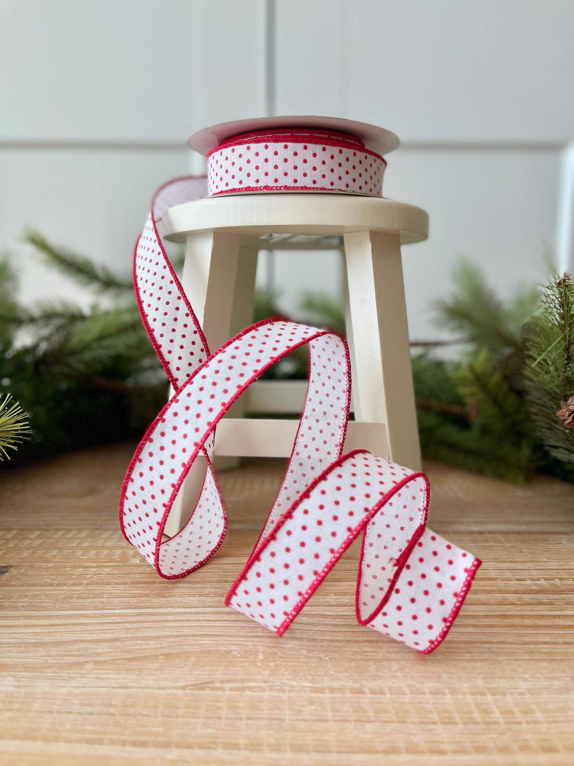 7/8" Red Ribbon, Red Swiss Dots Ribbon, Narrow RIbbon, Wired Ribbon, Craft Supply, Wreath Supply, Ribbon for Bows, Wreath Ribbon