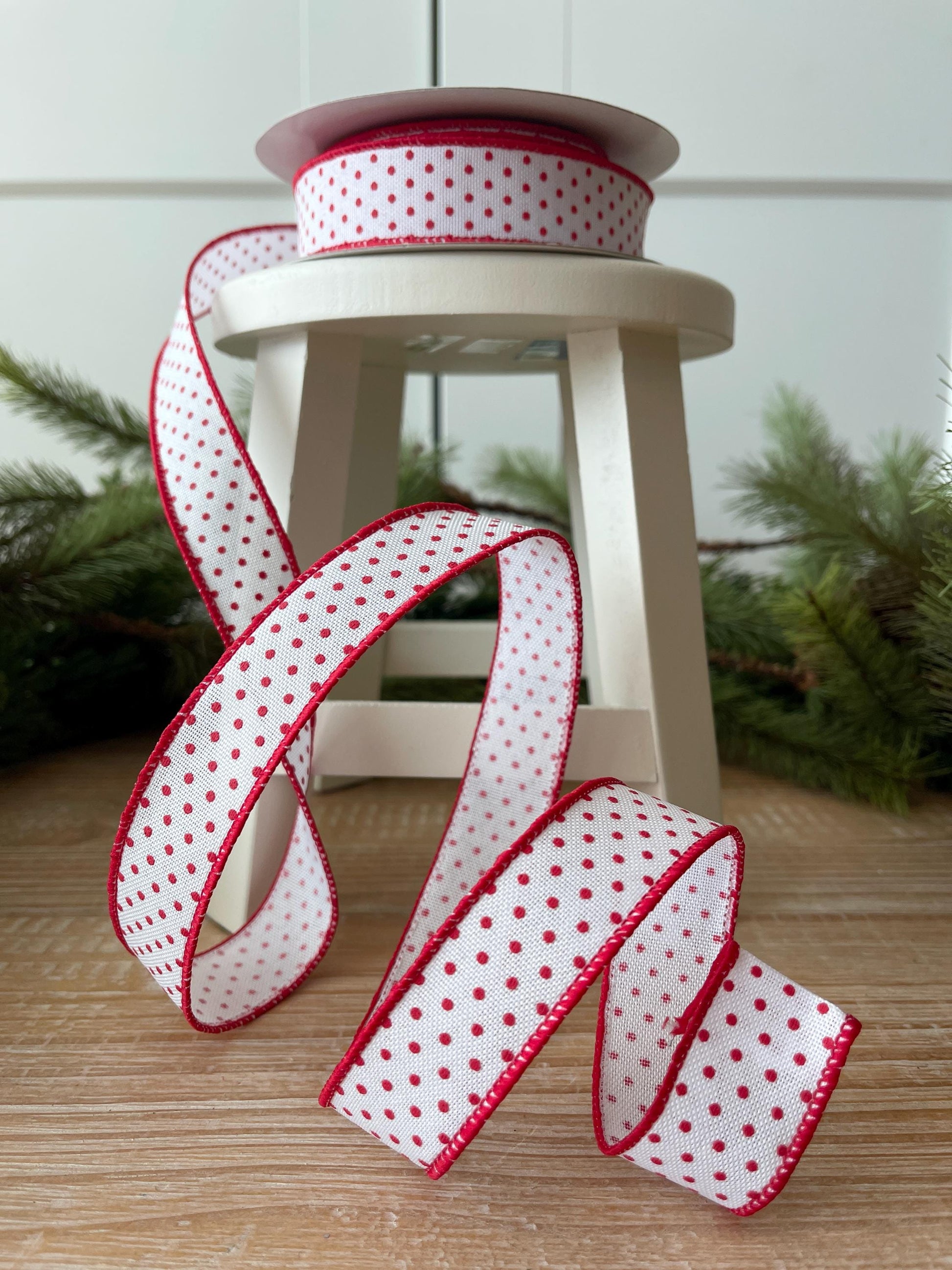 7/8" Red Ribbon, Red Swiss Dots Ribbon, Narrow RIbbon, Wired Ribbon, Craft Supply, Wreath Supply, Ribbon for Bows, Wreath Ribbon