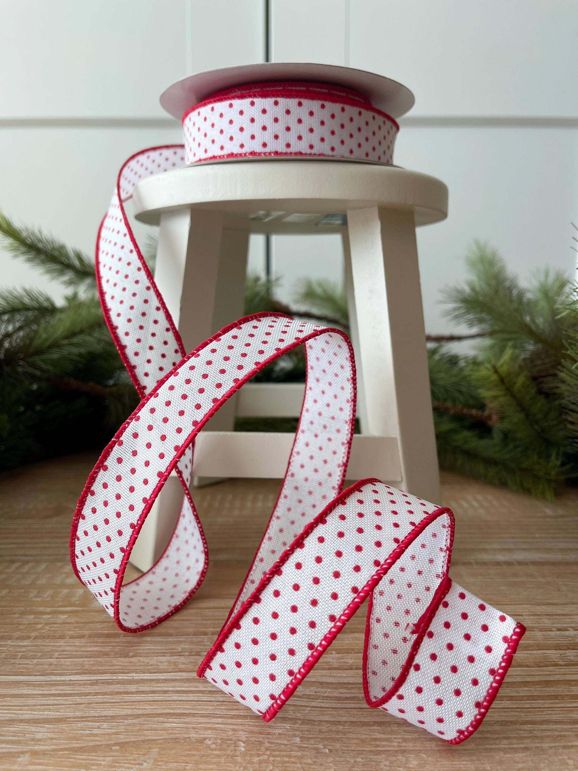 7/8" Red Ribbon, Red Swiss Dots Ribbon, Narrow RIbbon, Wired Ribbon, Craft Supply, Wreath Supply, Ribbon for Bows, Wreath Ribbon
