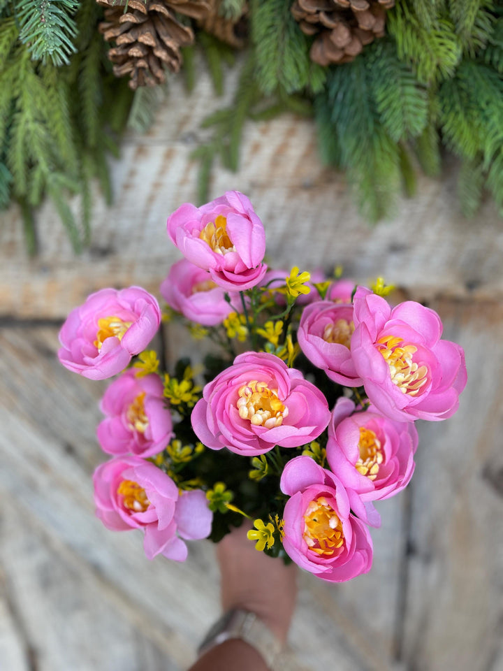 20" Pink Ranuculus Bush, Pink Yellow Floral Bush, Artificial Floral Bush