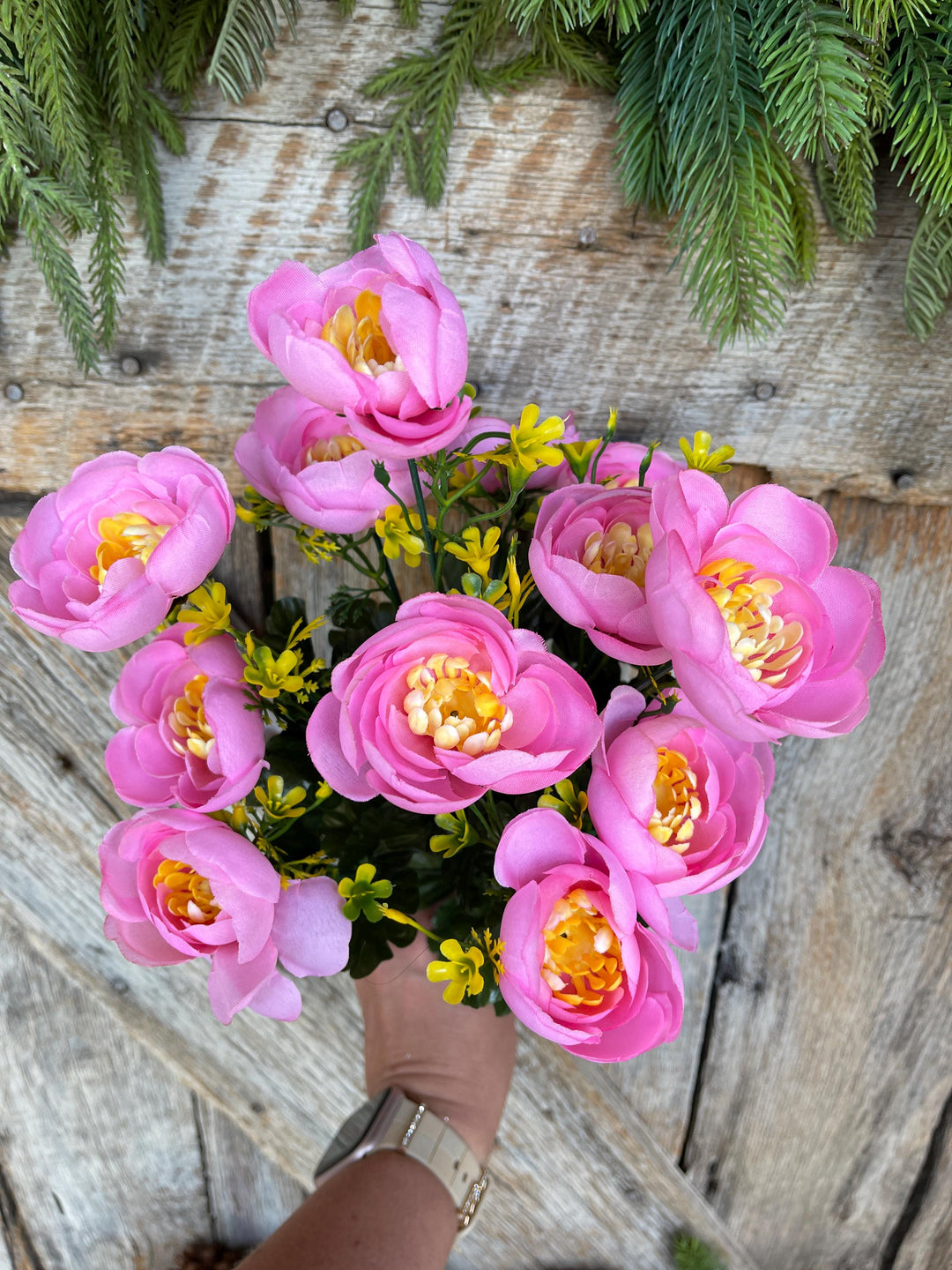 20" Pink Ranuculus Bush, Pink Yellow Floral Bush, Artificial Floral Bush