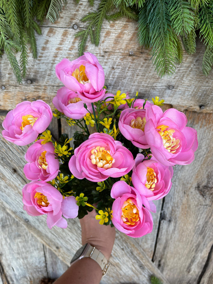 20" Pink Ranuculus Bush, Pink Yellow Floral Bush, Artificial Floral Bush