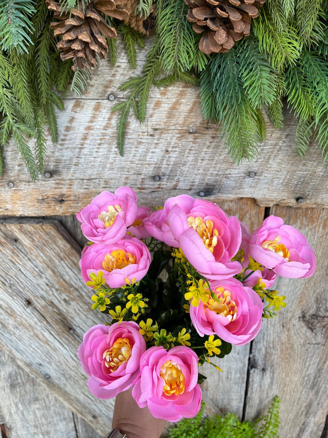 20" Pink Ranuculus Bush, Pink Yellow Floral Bush, Artificial Floral Bush