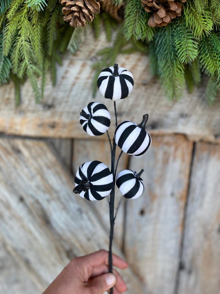 16" Black White Pumpkin Spray, Halloween Picks Sprays, Black White Stripe Pumpkin Spray