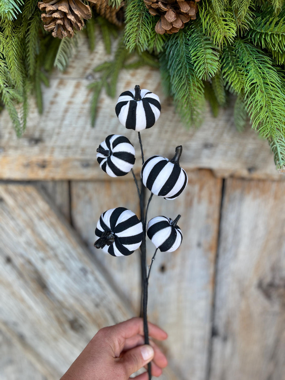 16" Black White Pumpkin Spray, Halloween Picks Sprays, Black White Stripe Pumpkin Spray