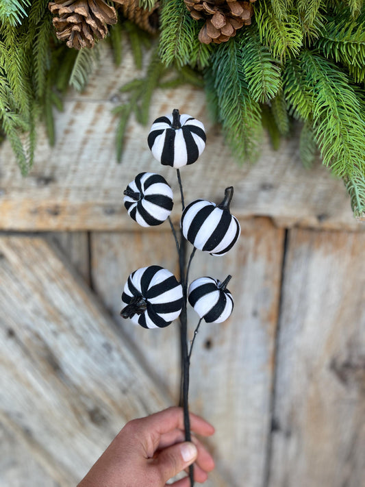 16" Black White Pumpkin Spray, Halloween Picks Sprays, Black White Stripe Pumpkin Spray, 57269BKWT
