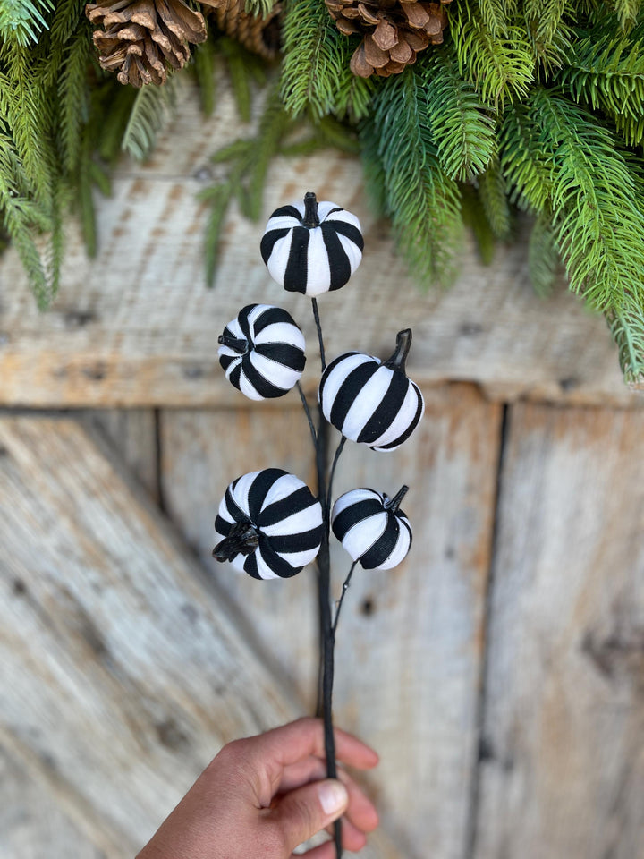 16" Black White Pumpkin Spray, Halloween Picks Sprays, Black White Stripe Pumpkin Spray